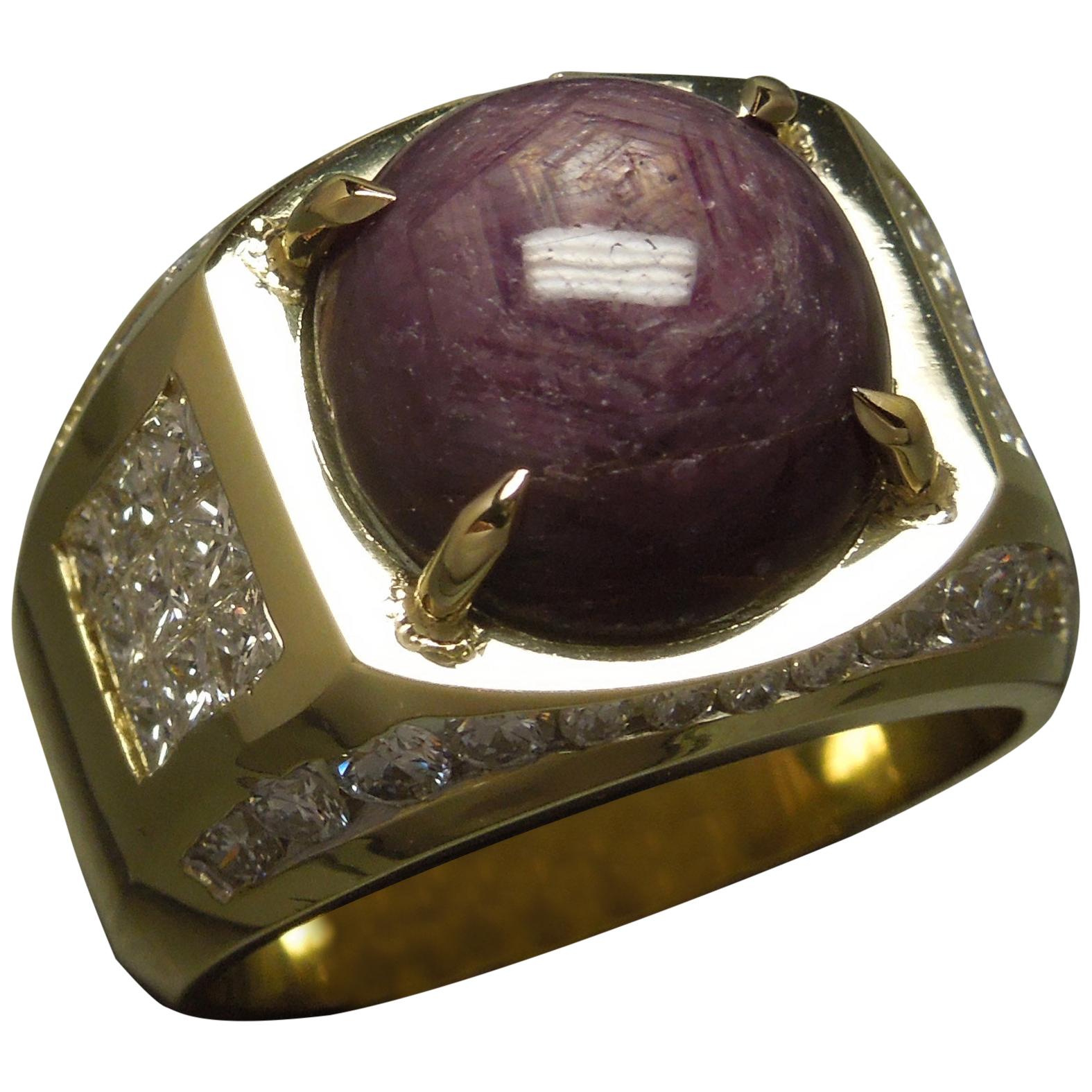 Men's 17.04 Carat Star Ruby and Diamond 18 Karat Gold Ring For Sale
