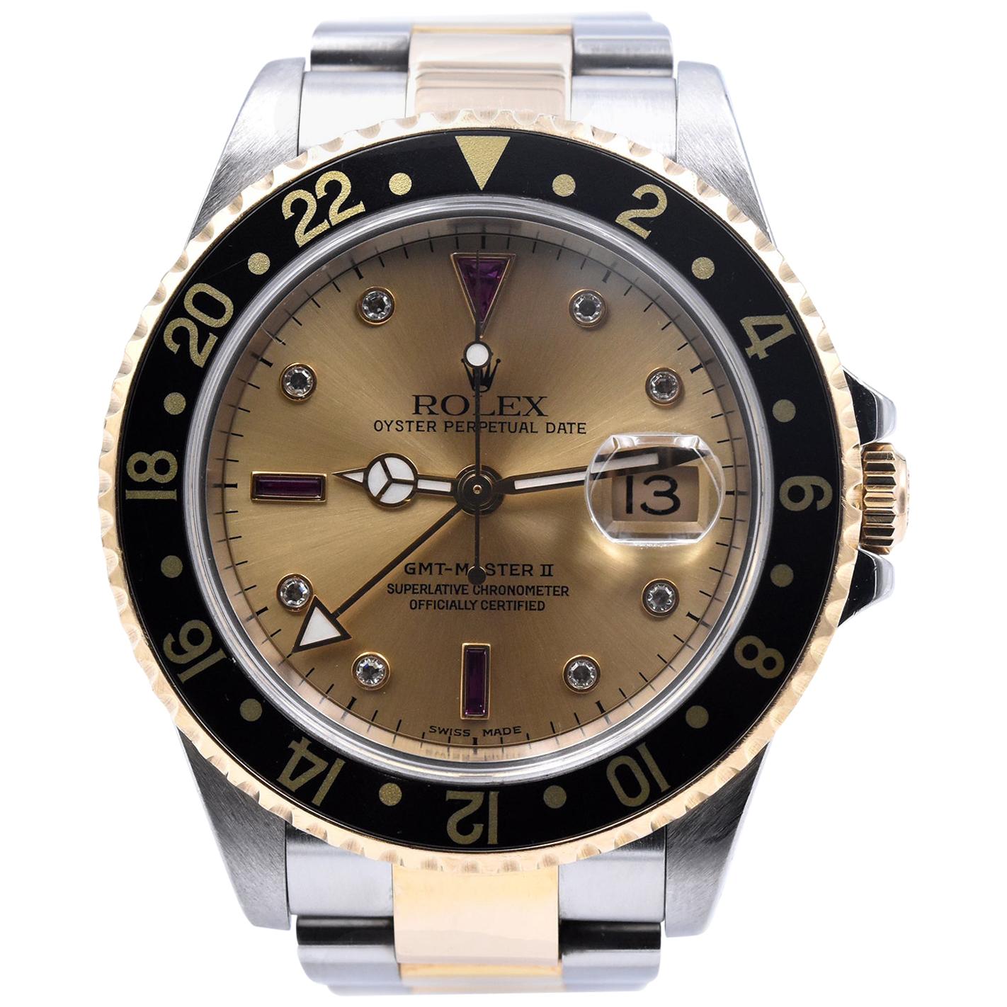 Rolex 18 Karat Two-Tone GMT Master II Serti Dial Watch Ref. 16713