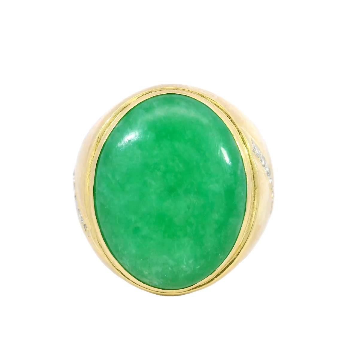 Mens Jade Diamond Signet Ring ~10.5ctw 18K Yellow Gold Size 9

This bold ring features a !10.5-carat green jade cabochon, known for its smooth surface and rich, saturated color. A row of round white diamonds, totaling 0.1 carats, lines one side of