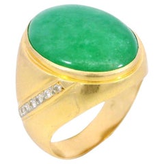 Mens Jade Diamond Signet Ring ~10.5ctw 18K Yellow Gold Size 9