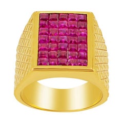 Mens 18 Karat Yellow Gold Vintage Ring Pink Red Sapphire Invisible setting