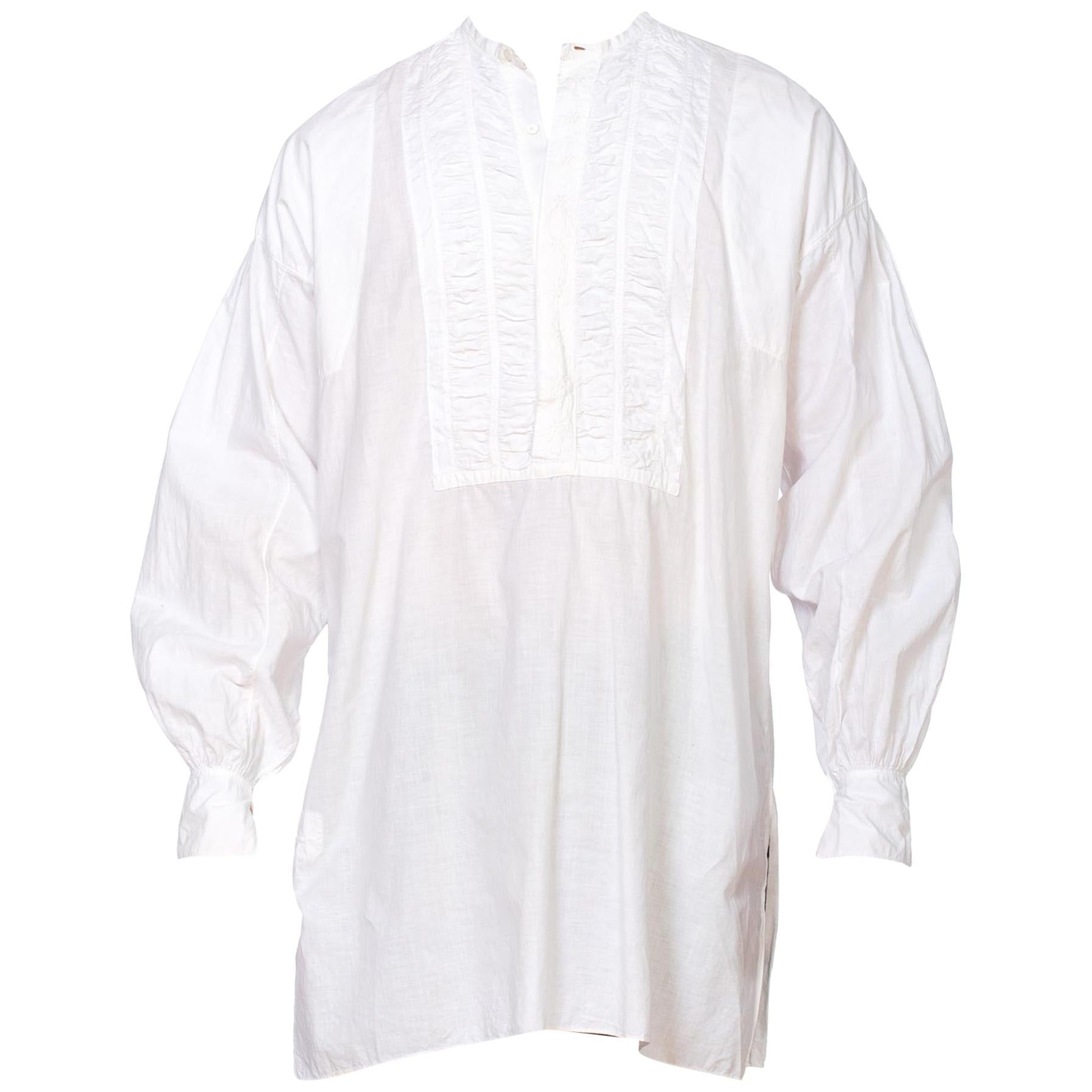 Victorian White Organic Cotton Men's 1850'S Or Earlier Hand Embroidered Shirt