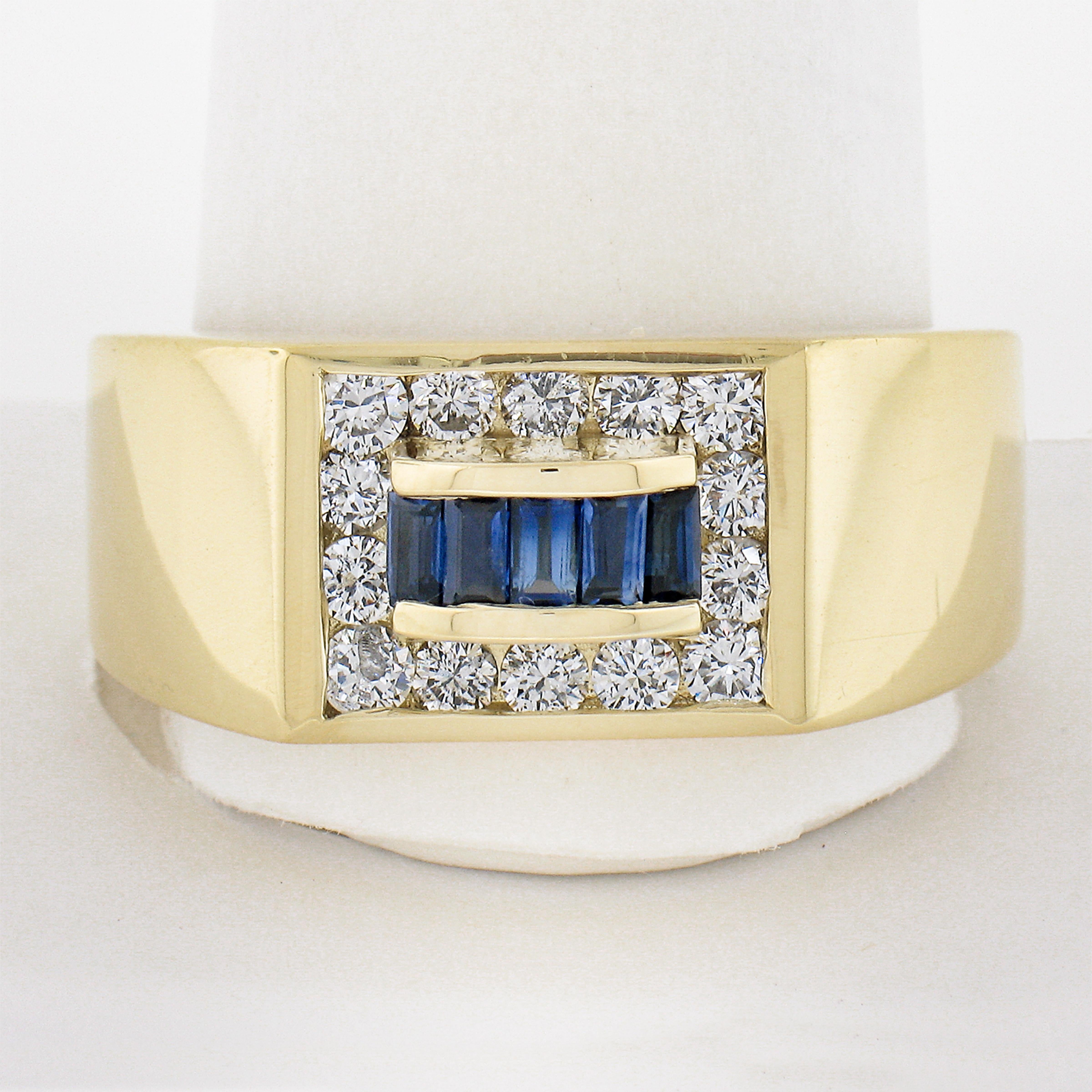 Baguette Cut Men's 18K Gold 0.95ctw Baguette Channel Set Sapphire & Round Diamond Band Ring For Sale
