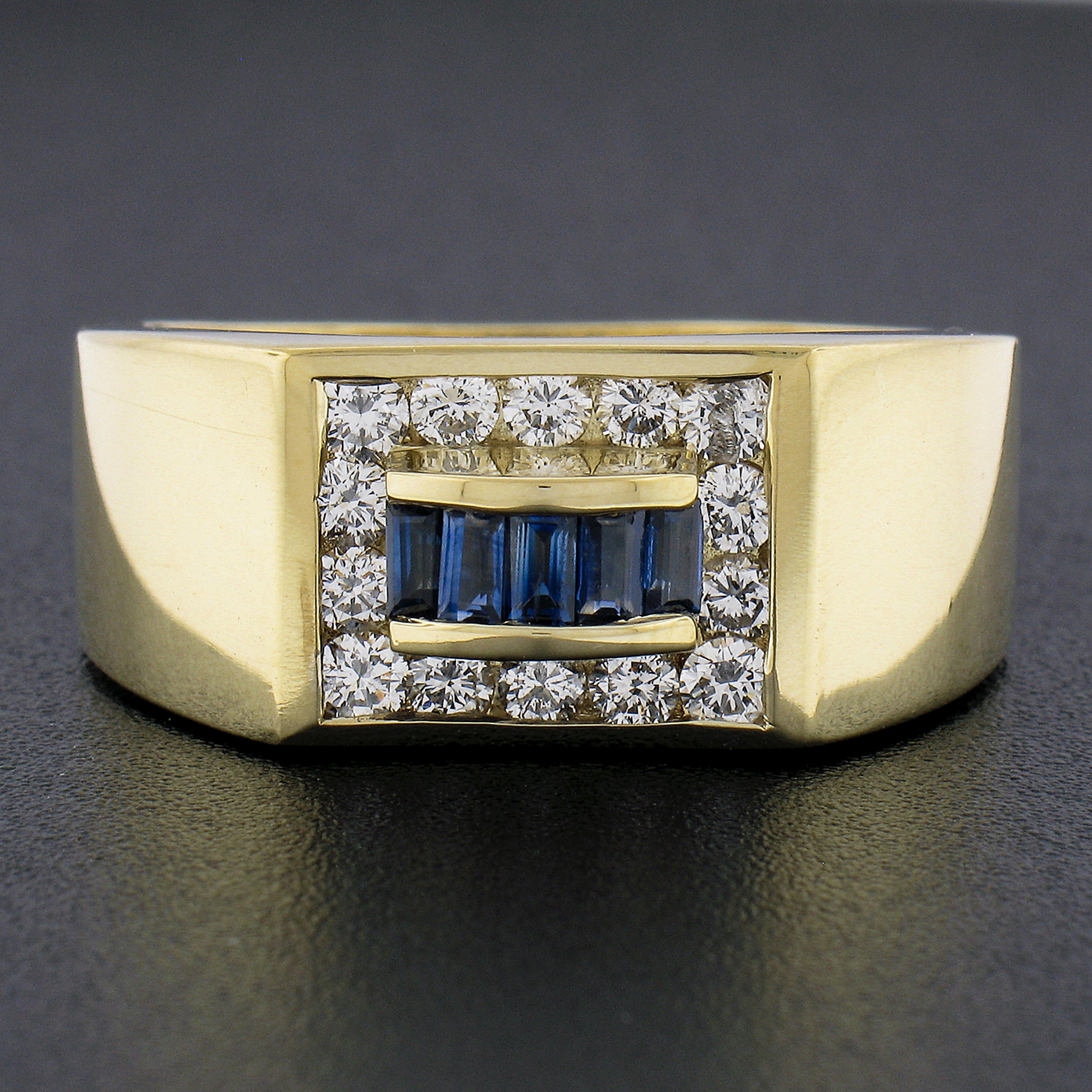 Men's 18K Gold 0.95ctw Baguette Channel Set Sapphire & Round Diamond Band Ring In Excellent Condition For Sale In Montclair, NJ