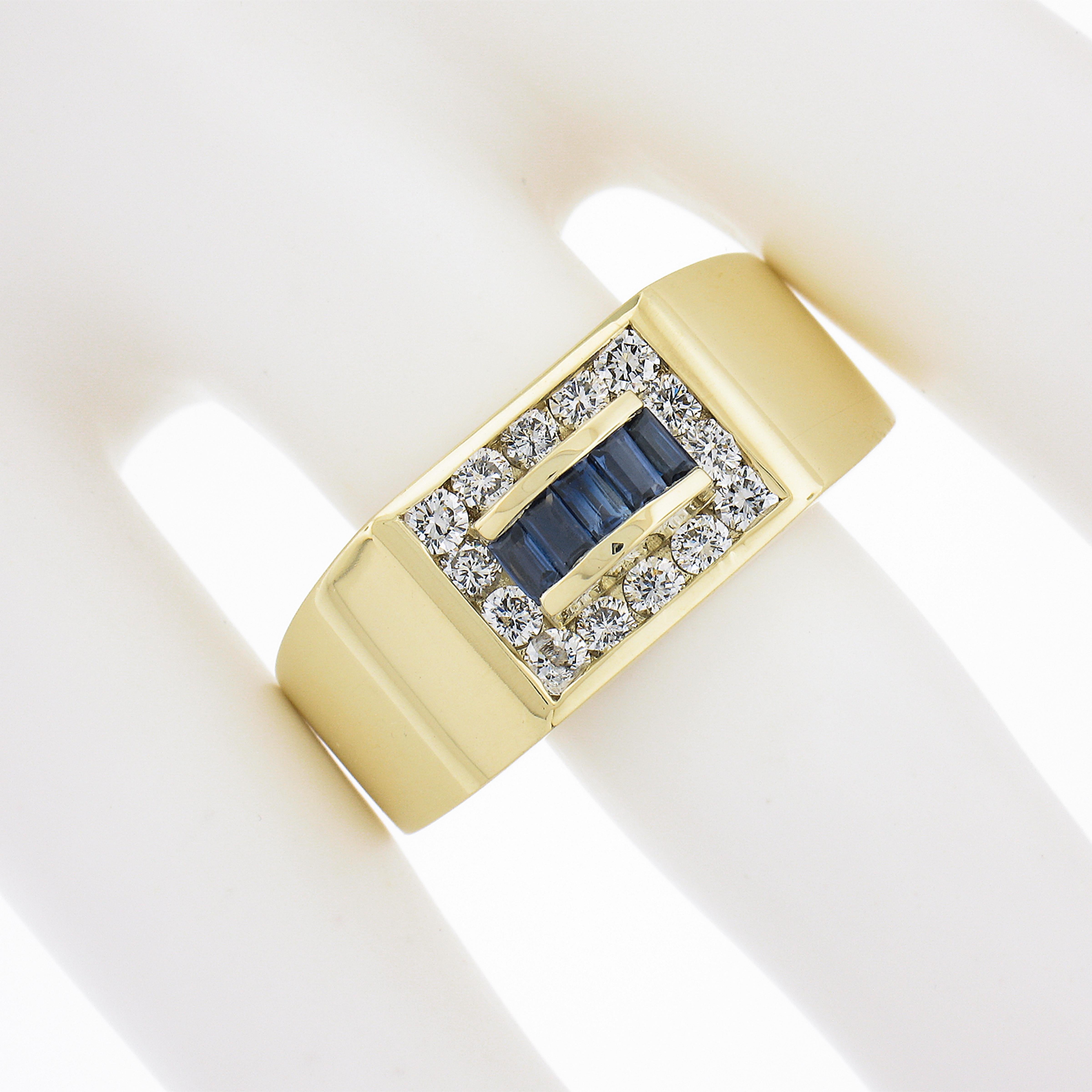 Women's or Men's Men's 18K Gold 0.95ctw Baguette Channel Set Sapphire & Round Diamond Band Ring For Sale