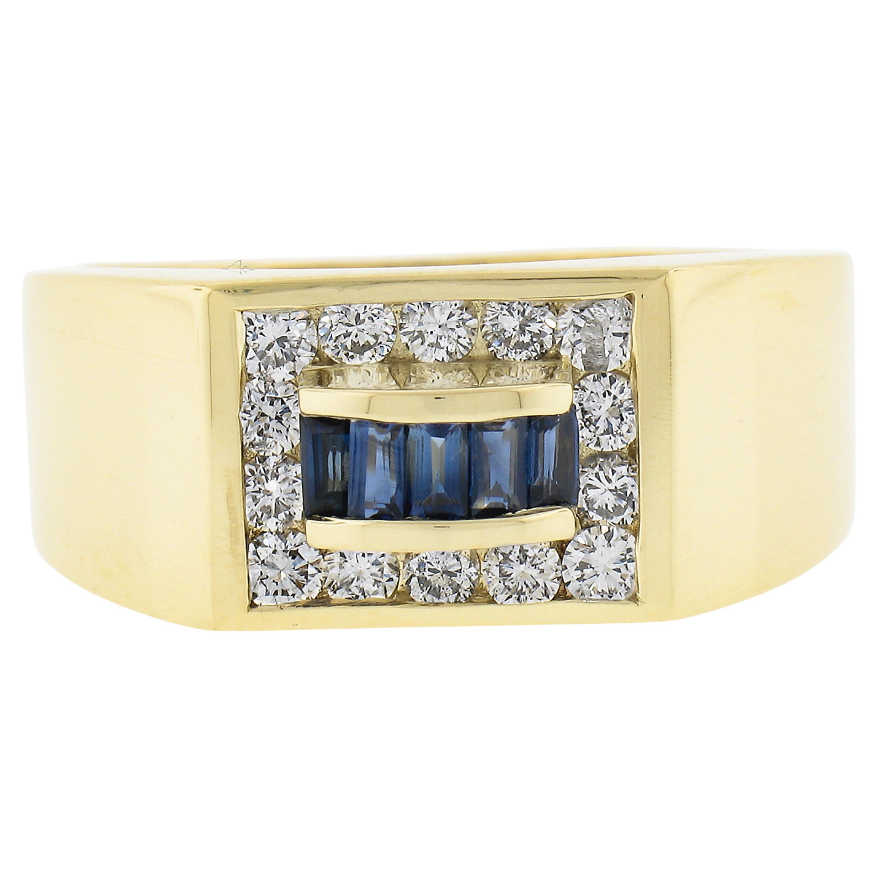 Men's 18K Gold 0.95ctw Baguette Channel Set Sapphire & Round Diamond Band Ring For Sale