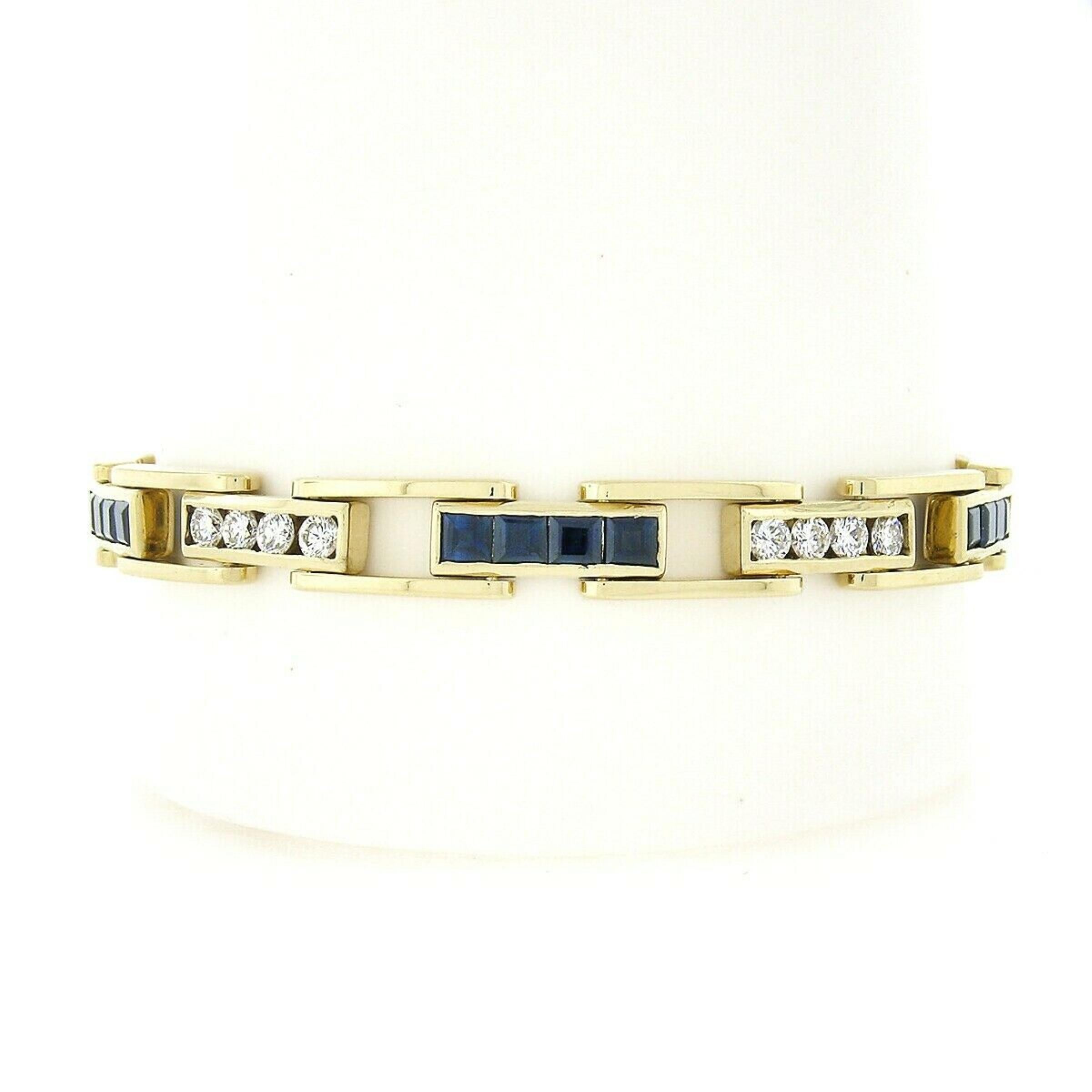 Square Cut Men's 18k Gold 9.60ct GIA No Heat Sapphire & Round Diamond Channel Link Bracelet