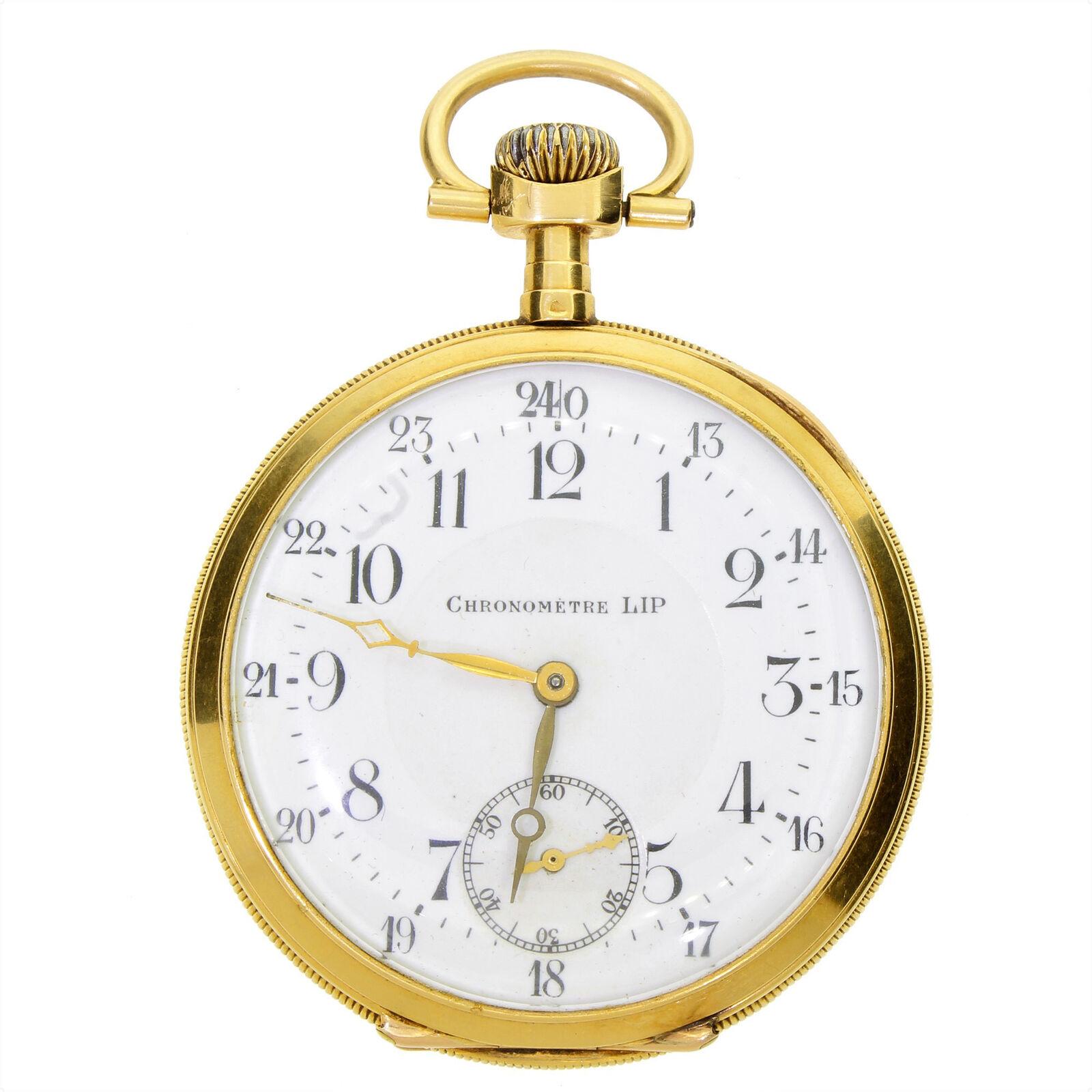 This is a fine example of a French-made men's LIP Chronometre pocket watch in 18k yellow gold. 
Lip Co  was quite popular in Europe and have been utilized by countless elite individuals including Napoleon, Charles de Gaulle, and US President Dwight