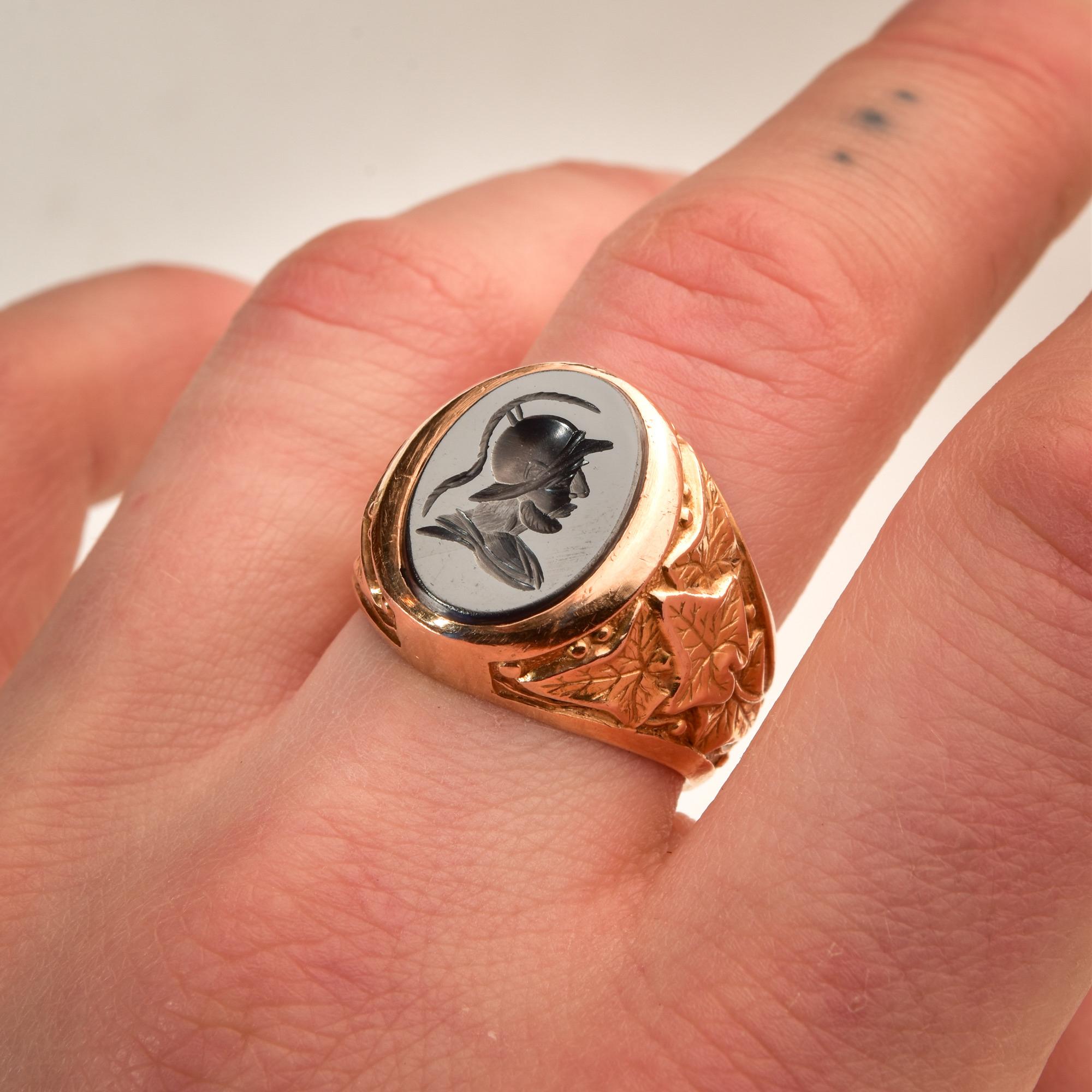 Cabochon Men's 18k Hematite Intaglio Gladiator Signet Ring For Sale