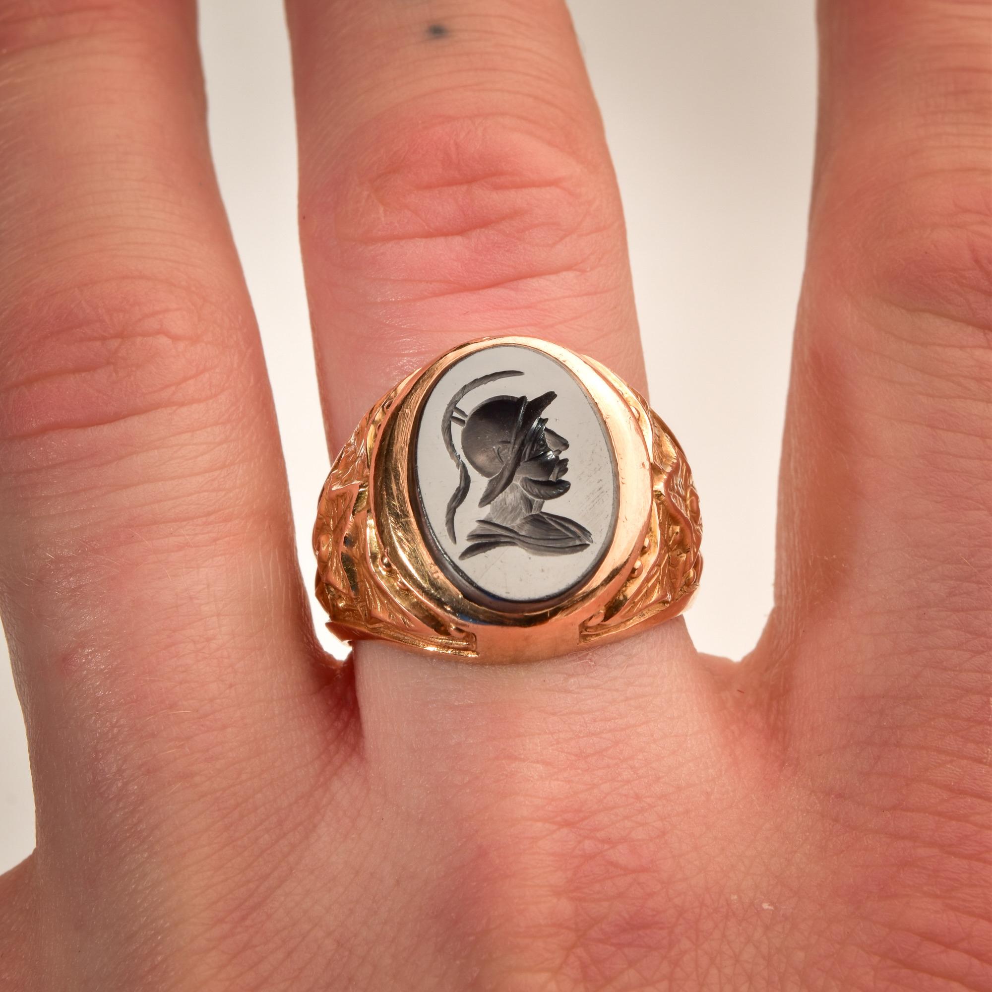 Men's 18k Hematite Intaglio Gladiator Signet Ring In Good Condition For Sale In Philadelphia, PA