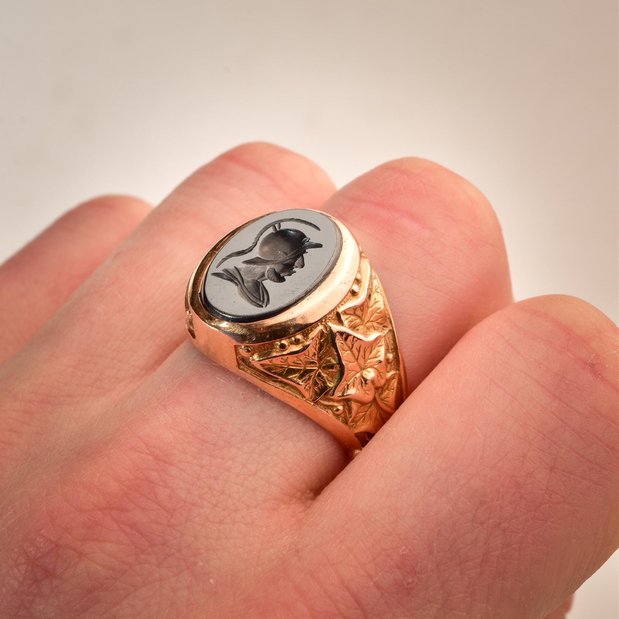 Men's 18k Hematite Intaglio Gladiator Signet Ring For Sale 1