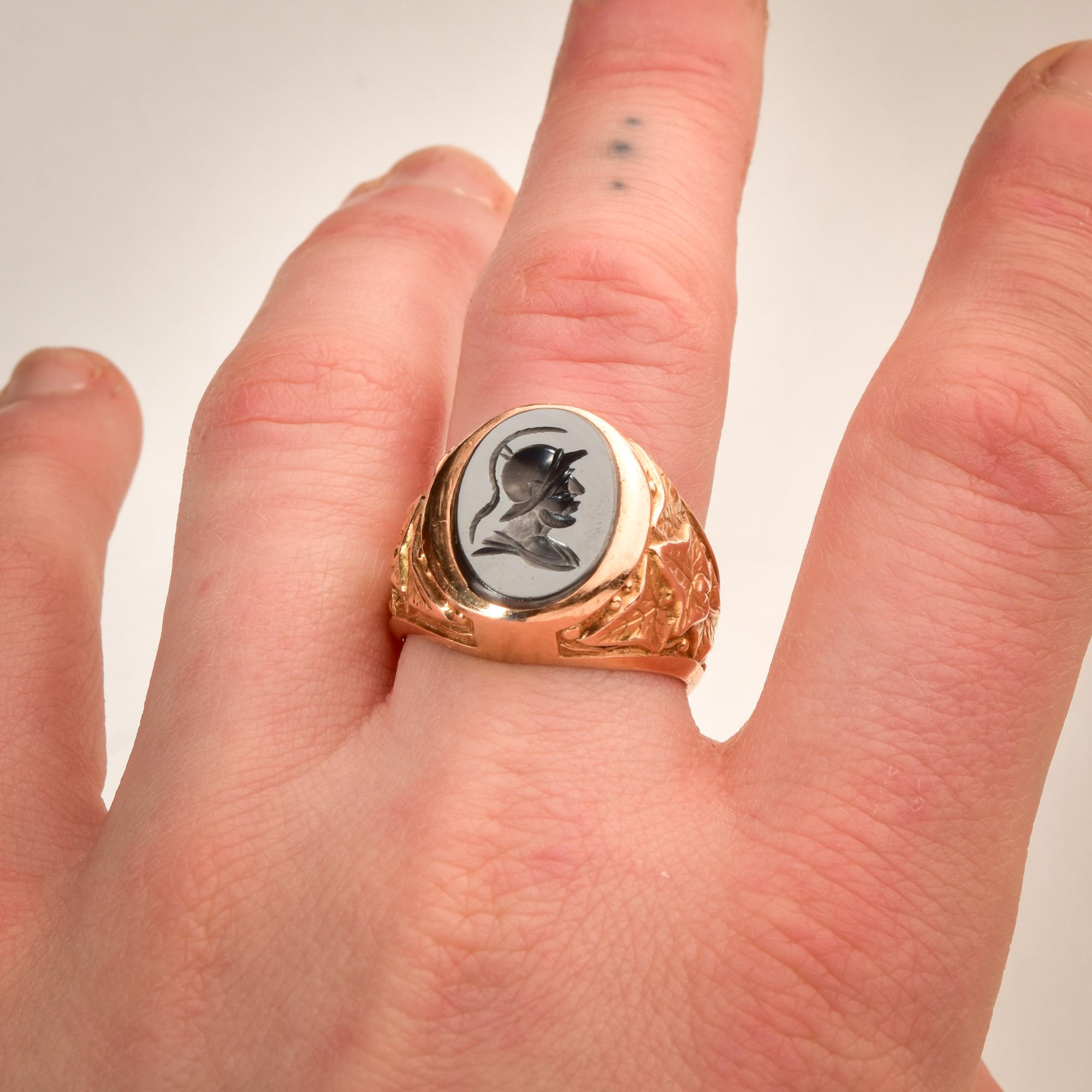 Men's 18k Hematite Intaglio Gladiator Signet Ring For Sale 2