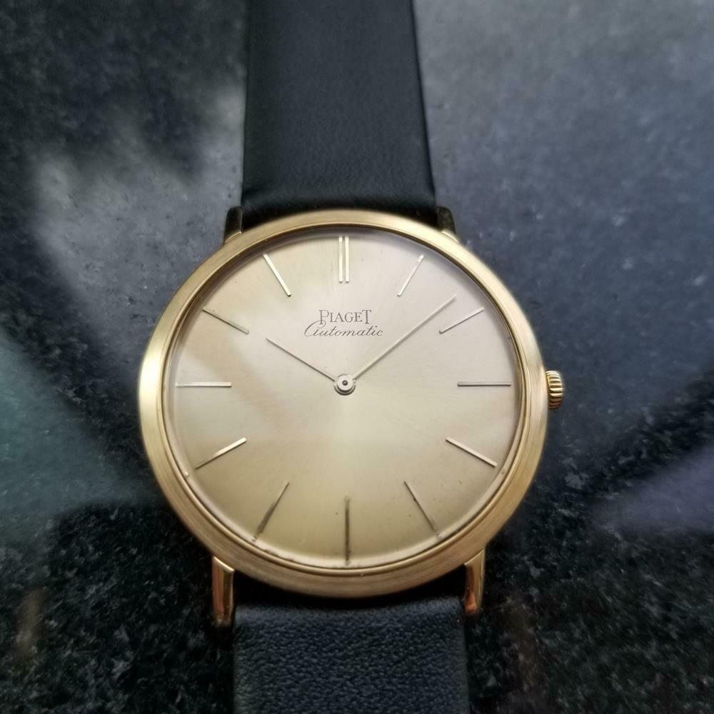 Timeless luxury, men's 18K solid gold Piaget ref.12603 ultra-thin automatic dress watch, c.1960s. Verified authentic by a master watchmaker. Gorgeous gold Piaget signed dial, applied gold indice hour markers, gold minute and hour hands, hands and