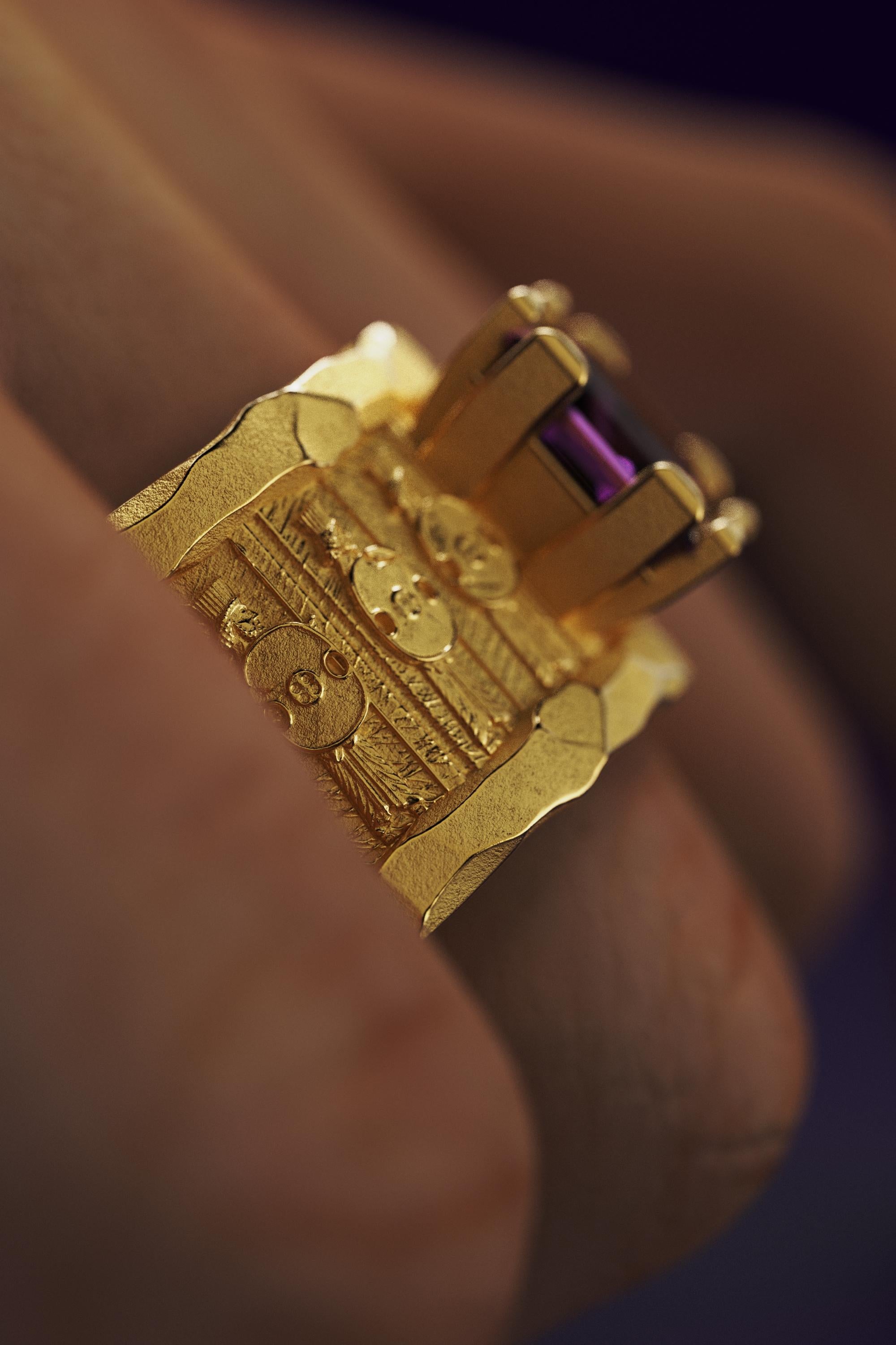 Men's 18k Solid Gold Ring With Amethyst  Persian Style Band  Oltremare Gioielli For Sale 6