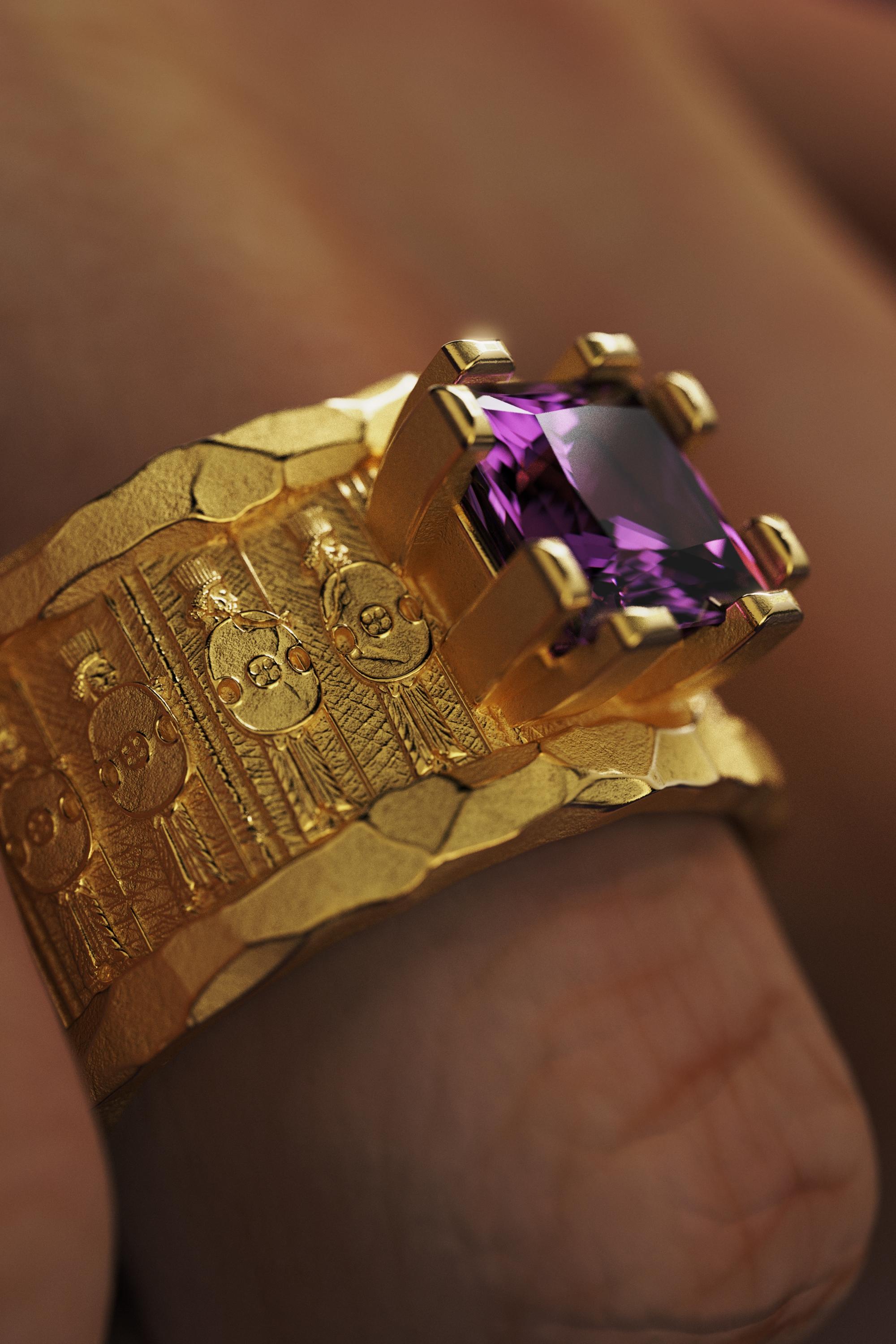 Men's 18k Solid Gold Ring With Amethyst  Persian Style Band  Oltremare Gioielli For Sale 7