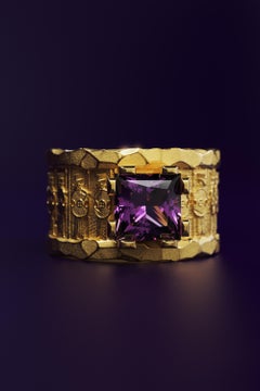 Men's 18k Solid Gold Ring With Amethyst  Persian Style Band  Oltremare Gioielli