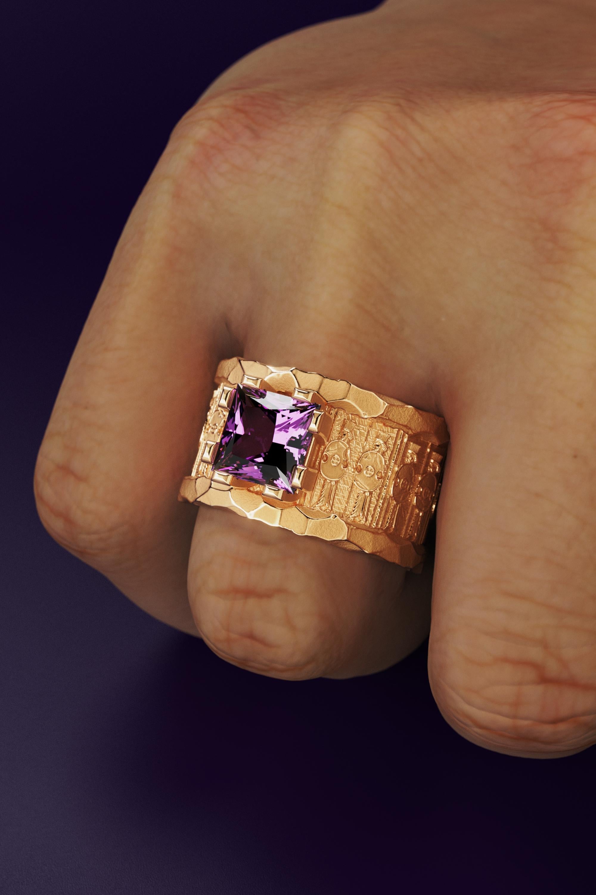 Men's 18k Solid Gold Ring With Amethyst  Persian Style Band  Oltremare Gioielli For Sale 1