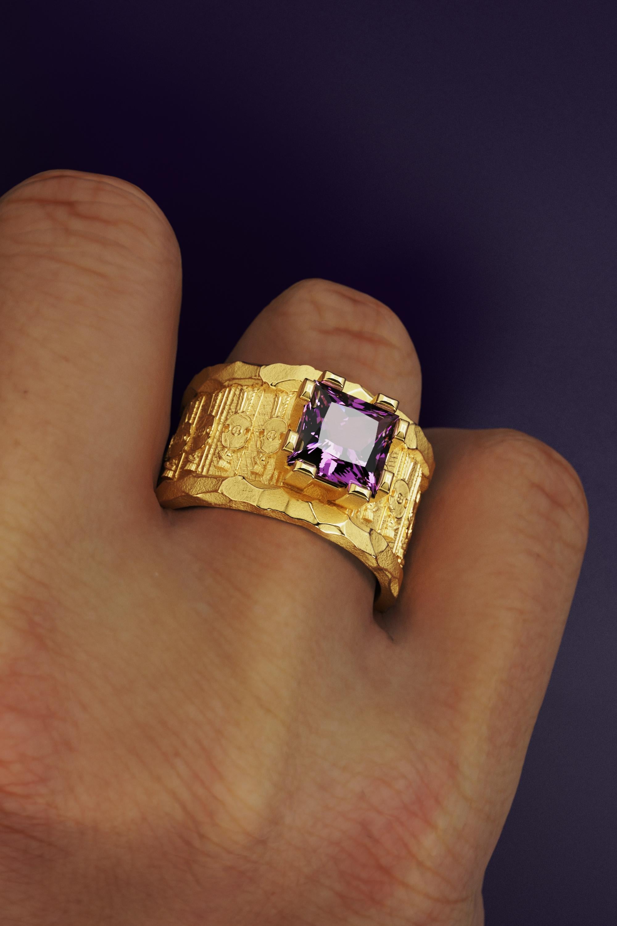 Men's 18k Solid Gold Ring With Amethyst  Persian Style Band  Oltremare Gioielli For Sale 2