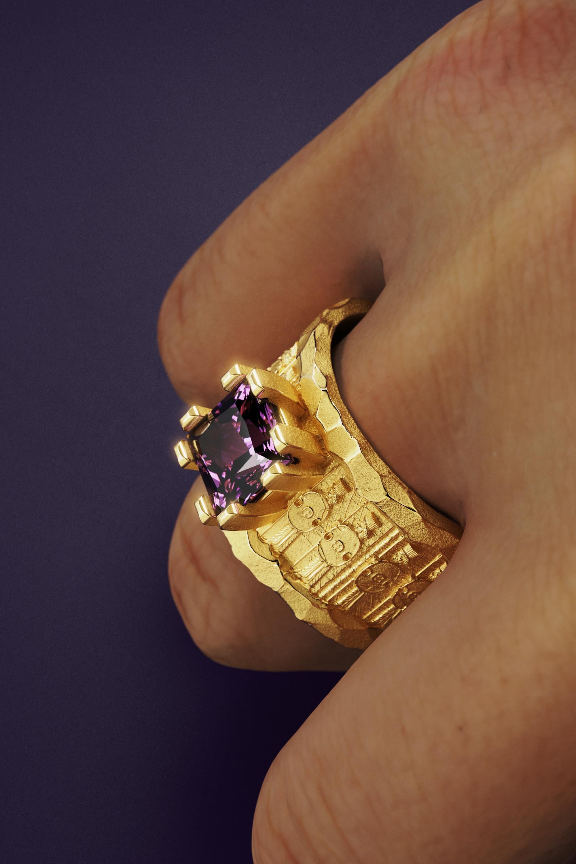 Men's 18k Solid Gold Ring With Amethyst  Persian Style Band  Oltremare Gioielli For Sale 3