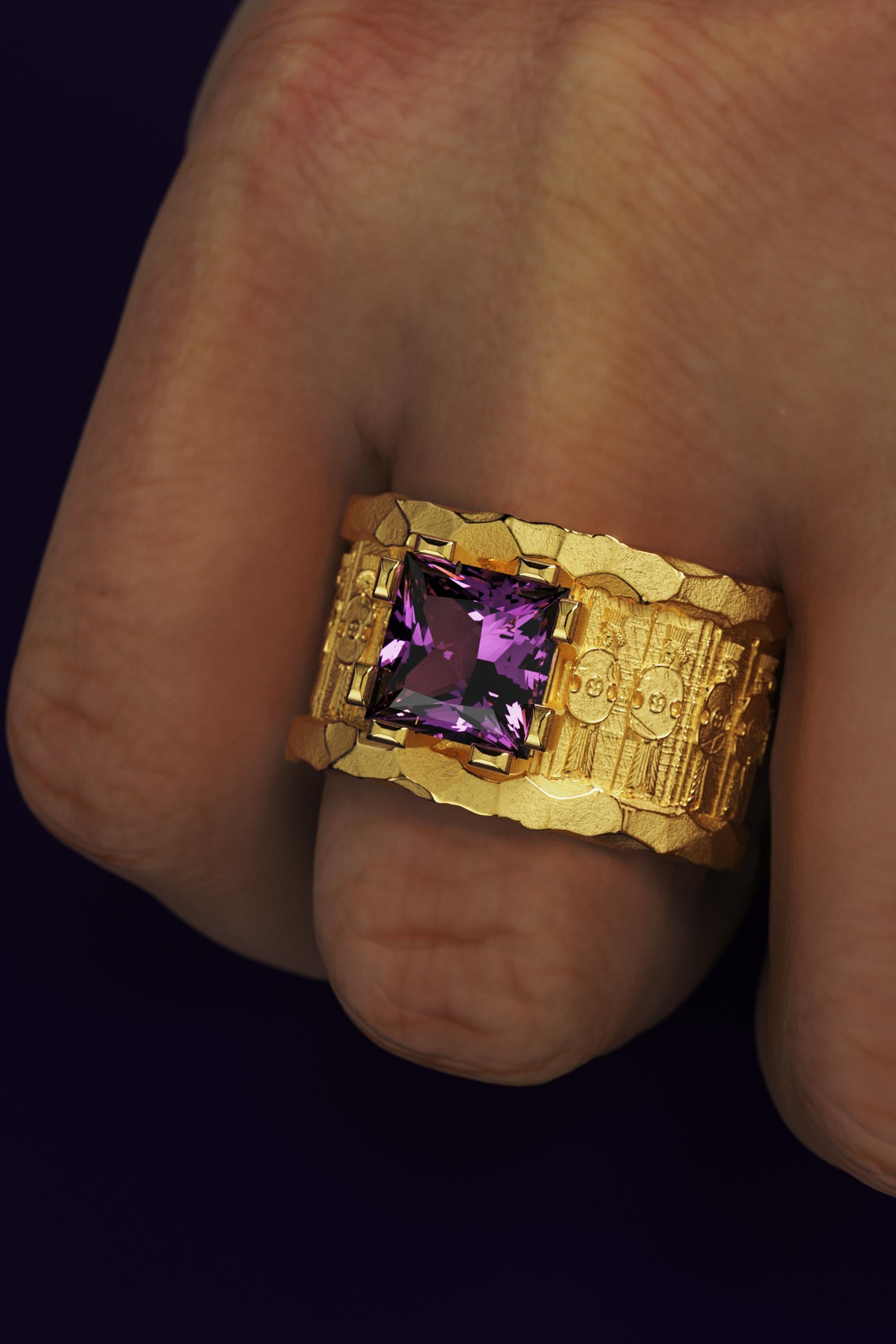Men's 18k Solid Gold Ring With Amethyst  Persian Style Band  Oltremare Gioielli For Sale 4