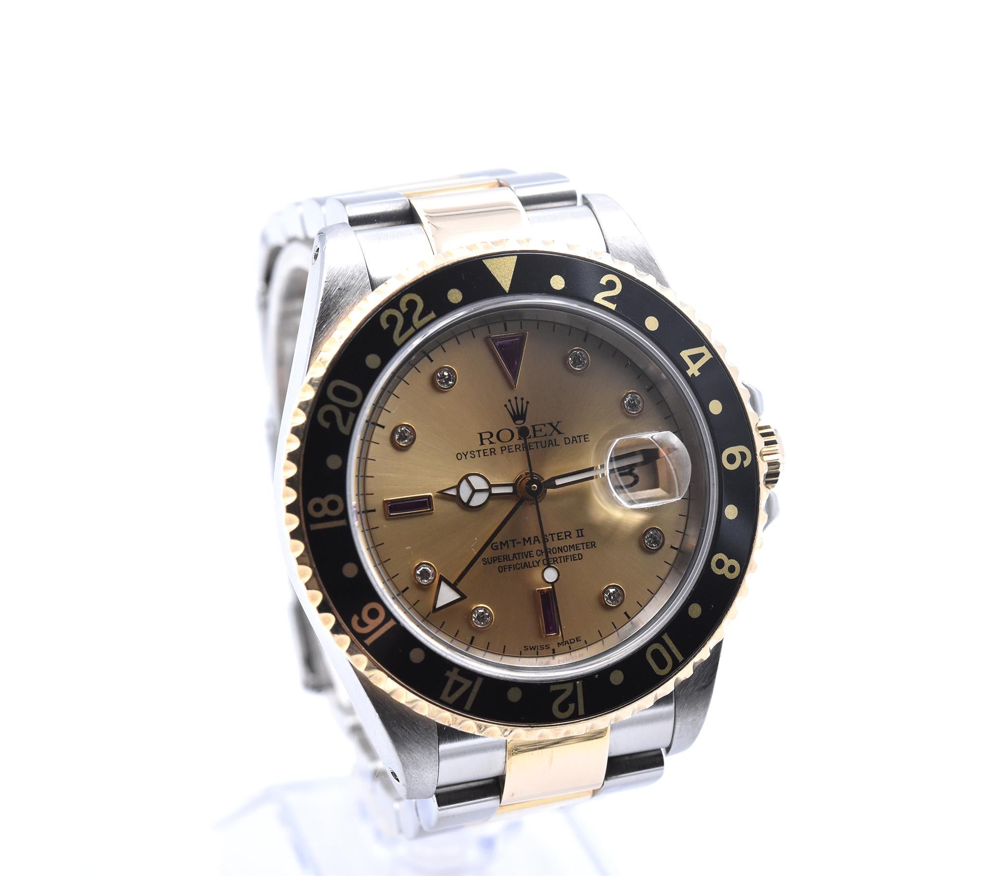 Movement: automatic
Function: hours, minutes, sweep seconds, date, GMT function
Case: 40mm stainless steel case, sapphire crystal, bidirectional black bezel with 18k yellow gold
Band: 18k yellow gold and stainless steel bracelet with steel