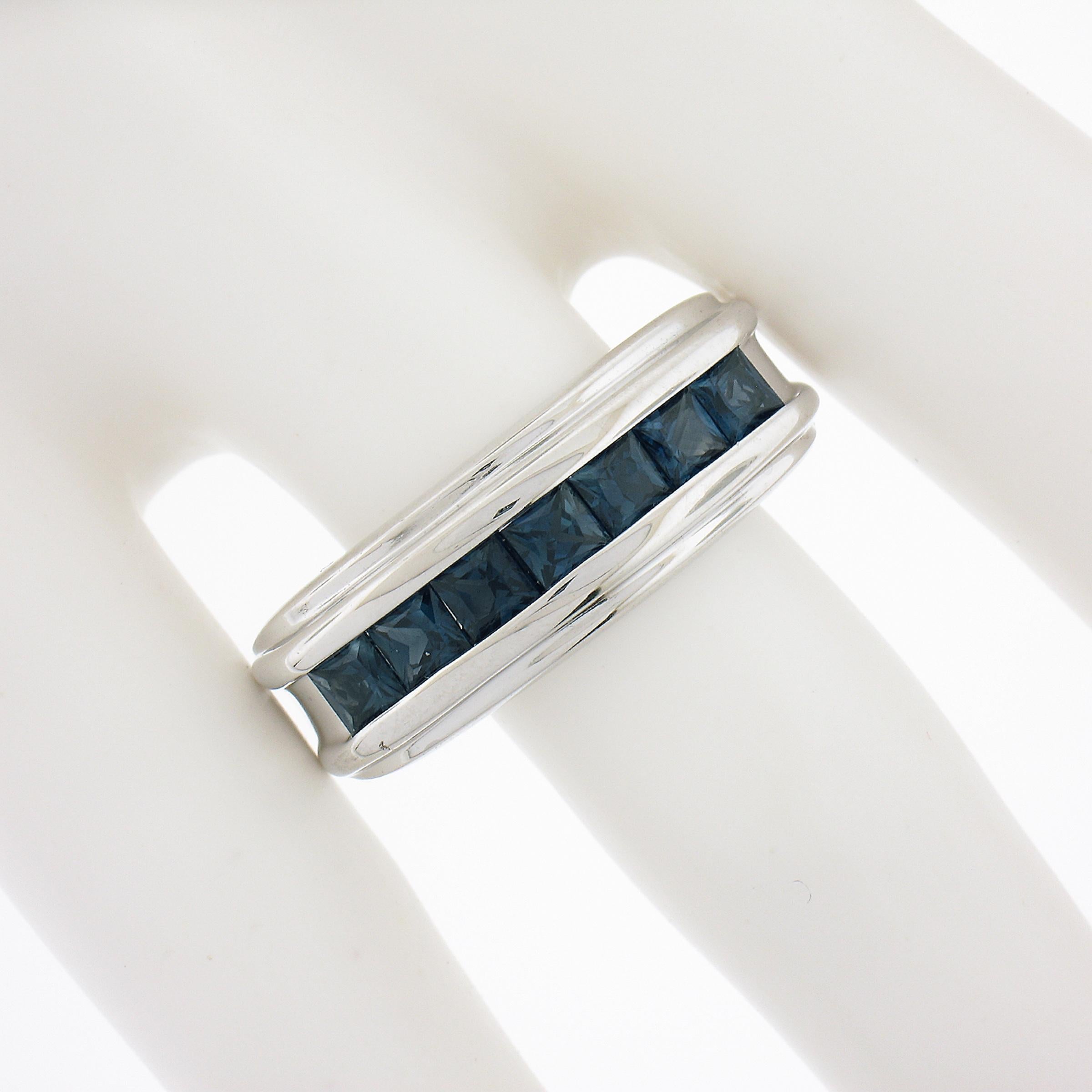 Men's 18K White Gold 1.50ctw Square Sapphire Channel Set Polished Band Ring In Excellent Condition For Sale In Montclair, NJ