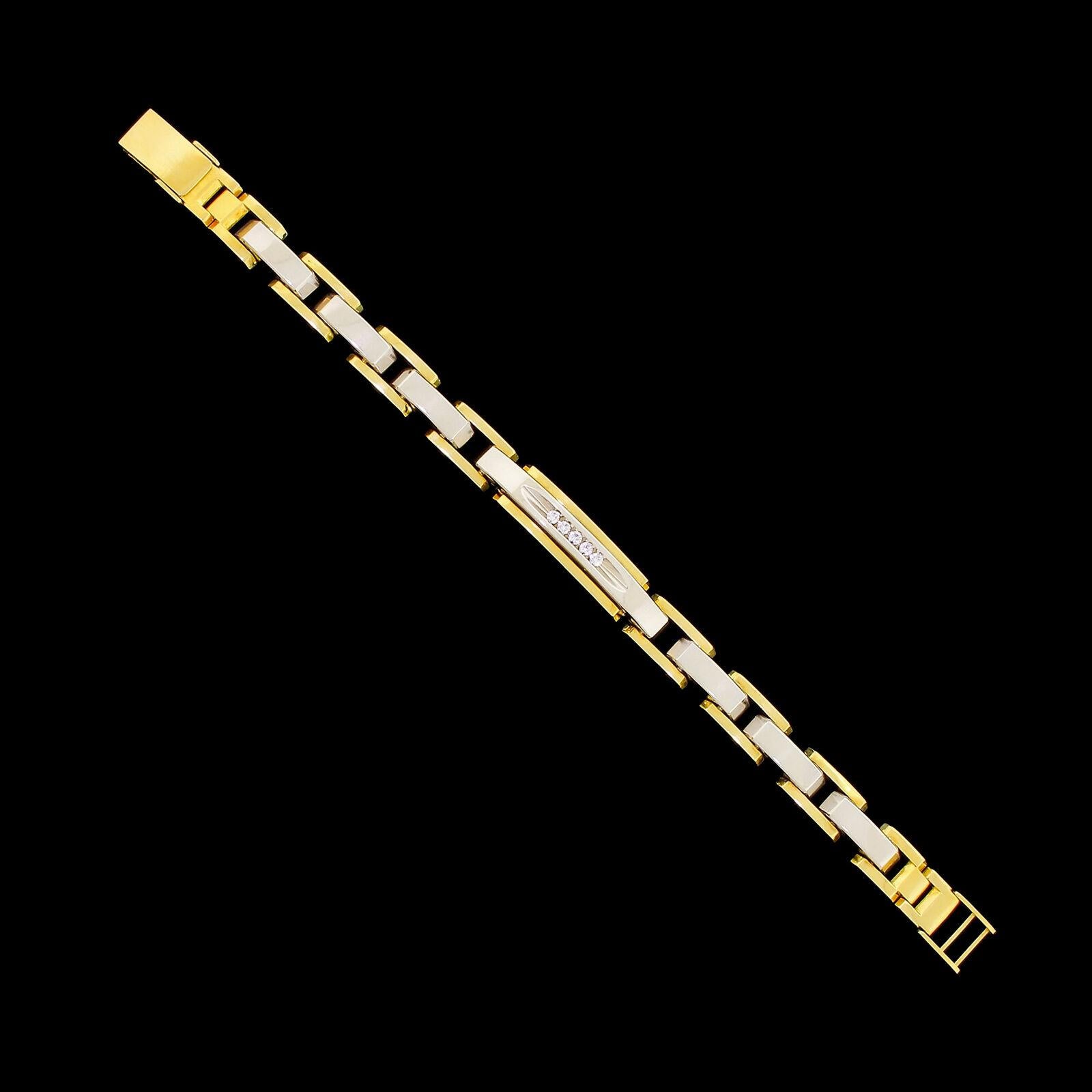 Exceptional men's 18k two tone gold and diamond link bracelet by Birks of Canada.
This piece features five small brilliant cut diamonds, each one measuring approx 2.05mm in diameter - they sparkle brightly and have great quality and color -