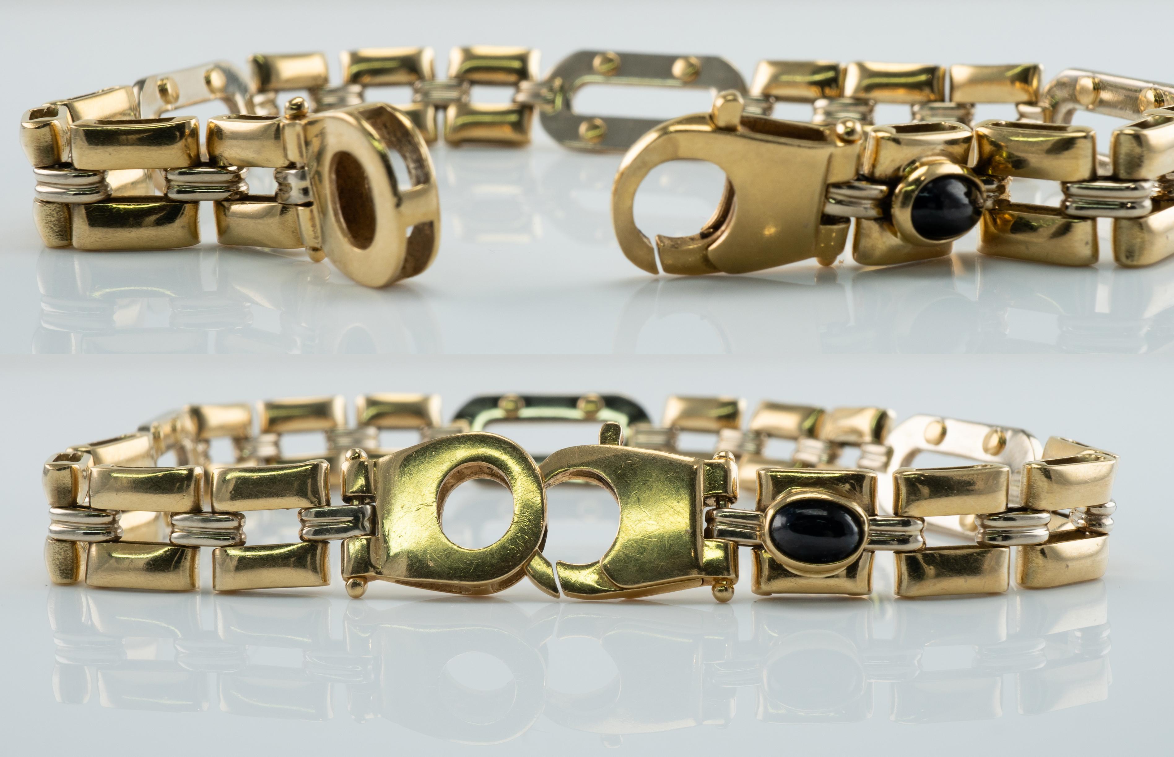 This estate bracelet for a man is crafted in solid 18K Yellow and White Gold.
The bracelet has a sturdy and comfortable clasp.
The bezel set black cabochon measures 6 x 4mm.
The bracelet is 8.25 inches long  x 9mm wide.
The weight is 29.0