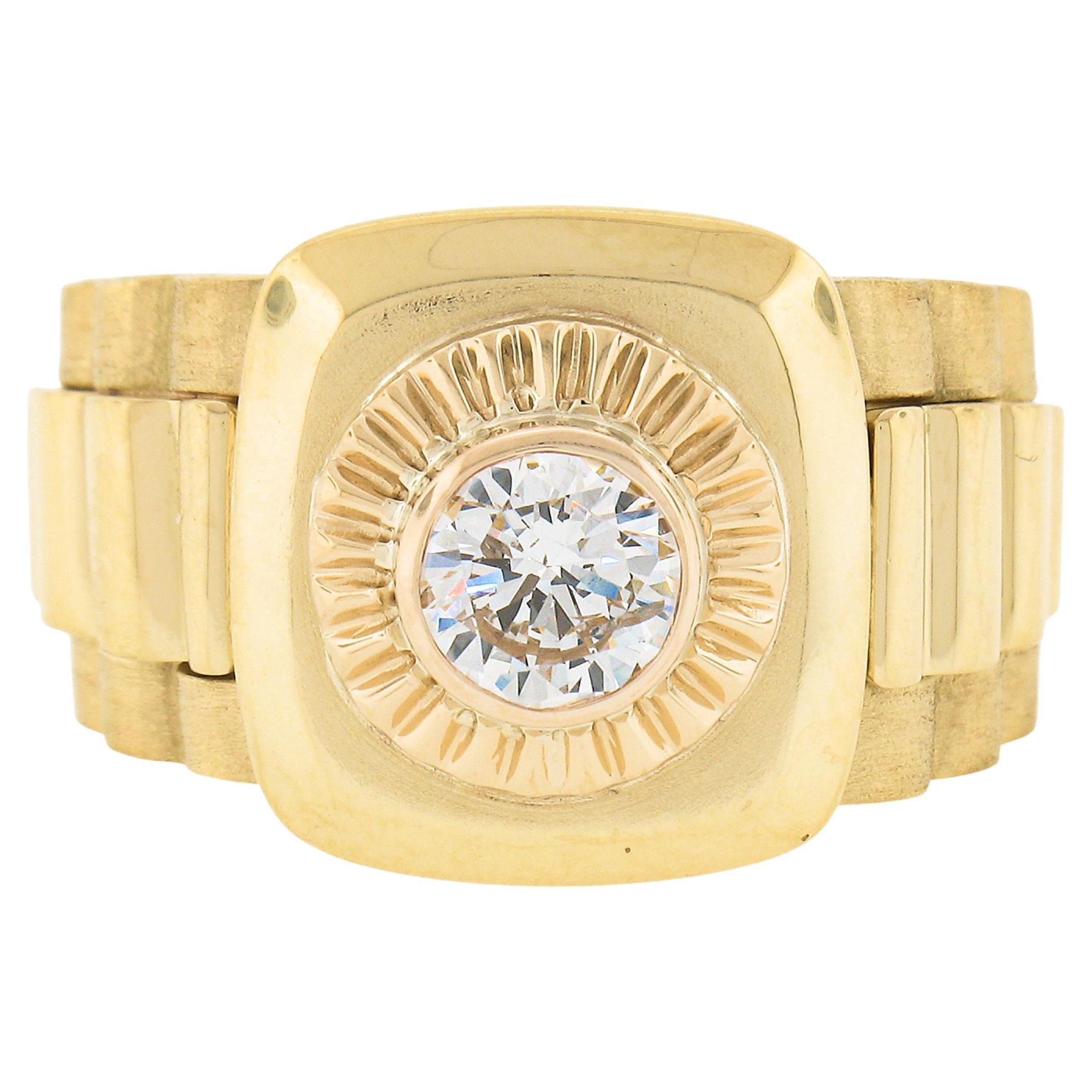 Bague pour homme en or jaune 18 carats avec diamant rond 0.94ctw Dual Finish Ribbed Wide Band