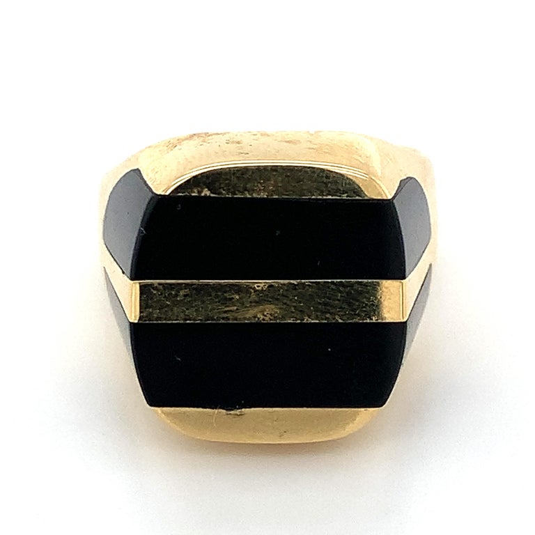 Men's 18k Yellow Gold Black Onyx Two Row Inlay Signet Ring at 1stDibs