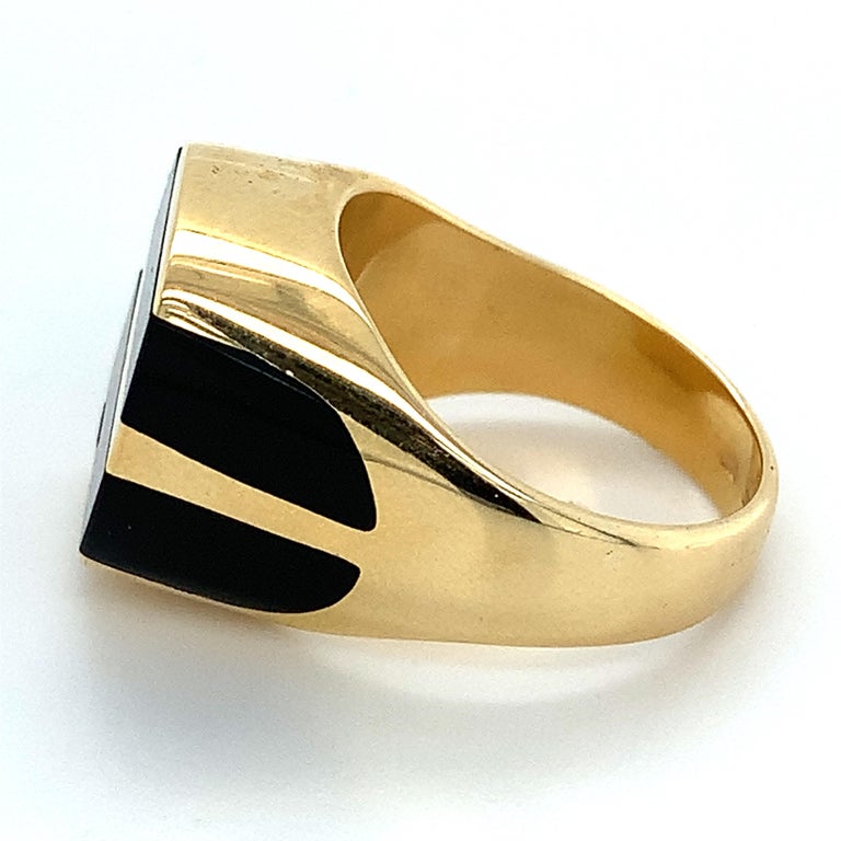 Men's 18k Yellow Gold Black Onyx Two Row Inlay Signet Ring For Sale 2