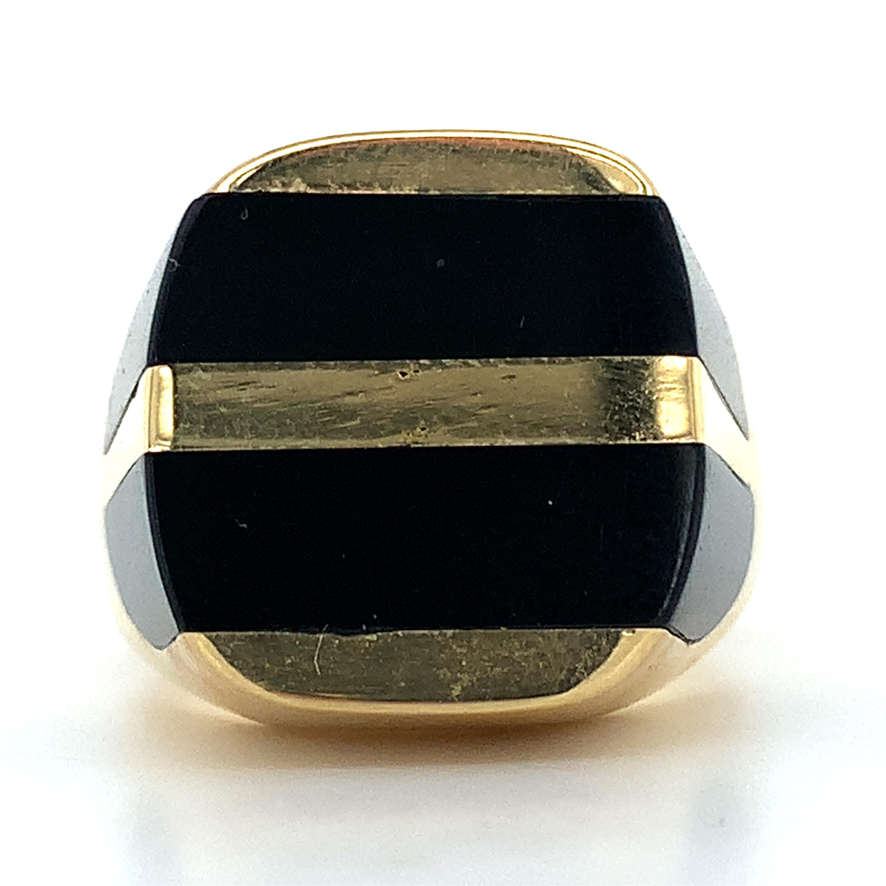 Men's 18k Yellow Gold Black Onyx Two Row Inlay Signet Ring 3