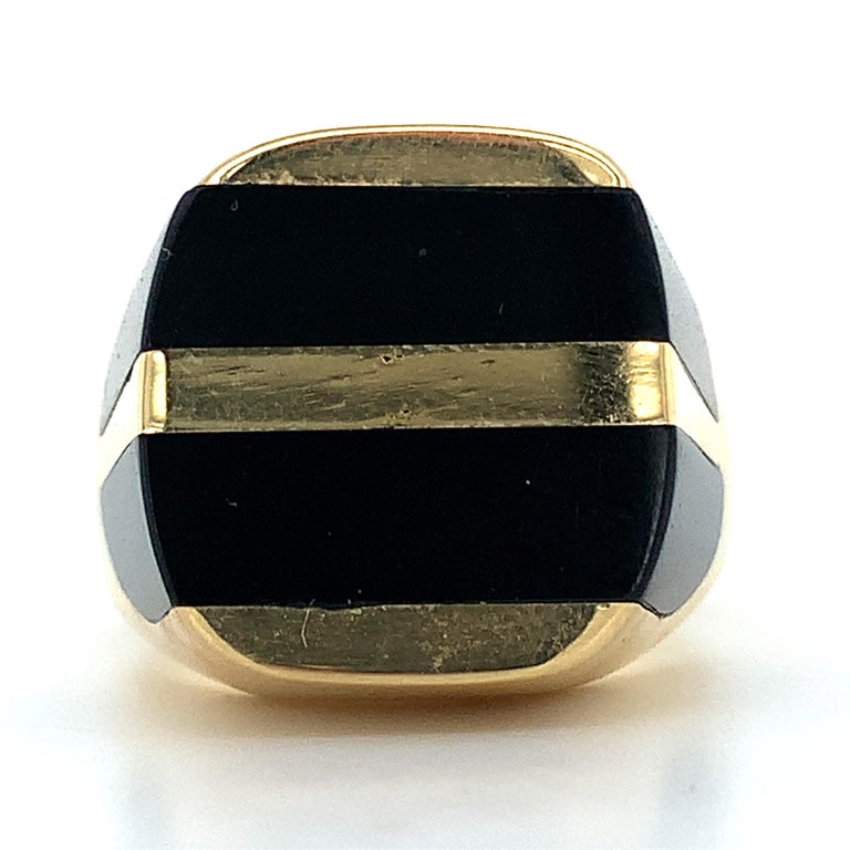 Men's 18k Yellow Gold Black Onyx Two Row Inlay Signet Ring For Sale 4