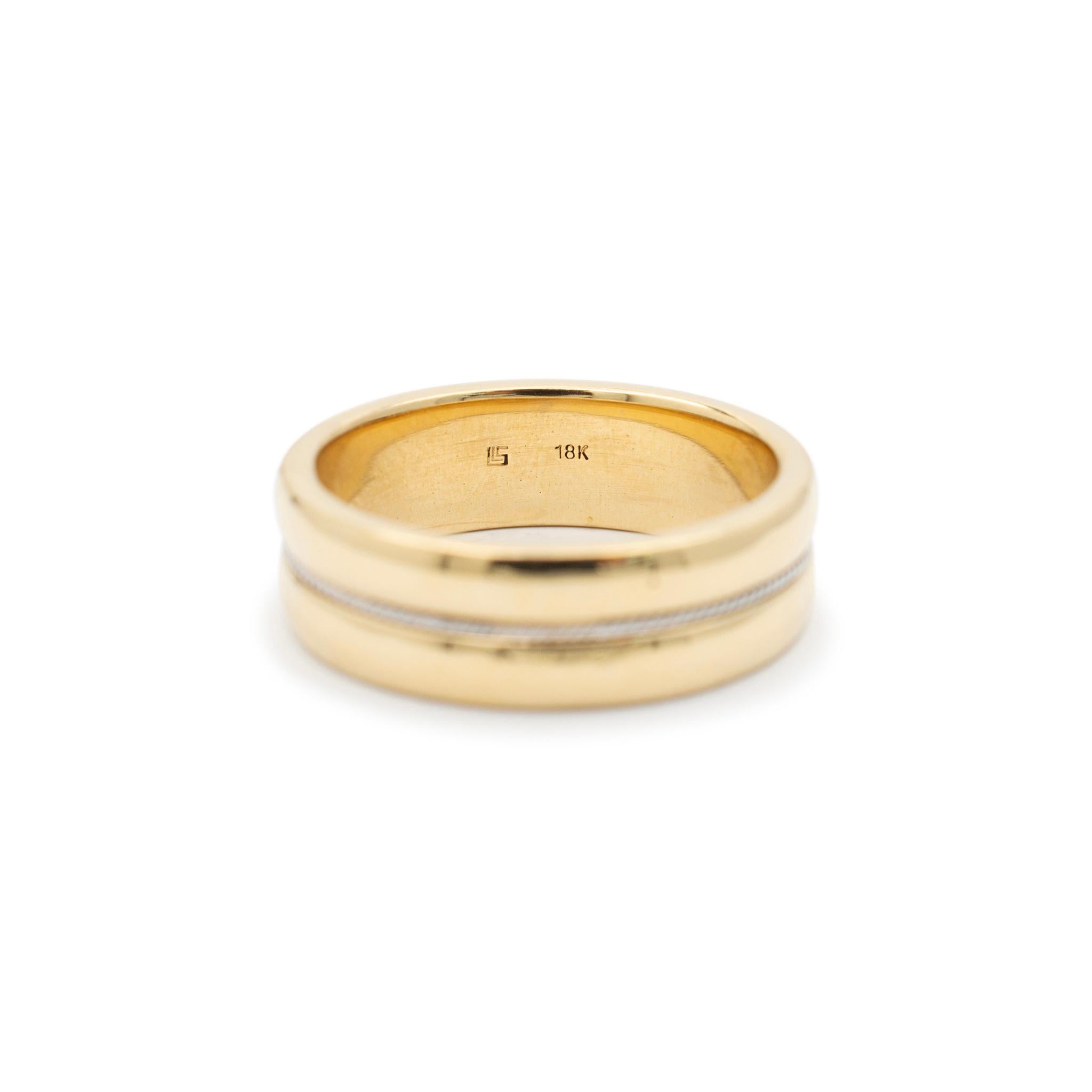 Gender: Men

Metal Type: 18K Yellow Gold

Size: 12.5

Shank Maximum Width: 7.80

Weight: 17.40 grams

Mans 18K yellow gold band with a half-round shank. Engraved with 
