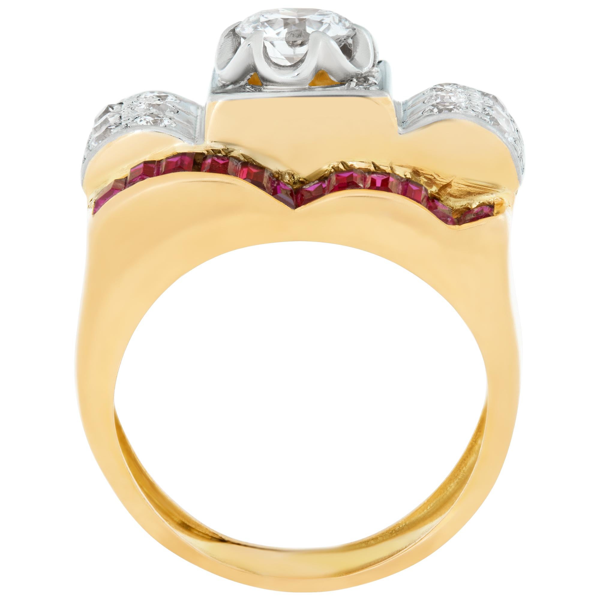 Women's or Men's Mens 18k Yellow Gold Diamond Ring with Rubies For Sale