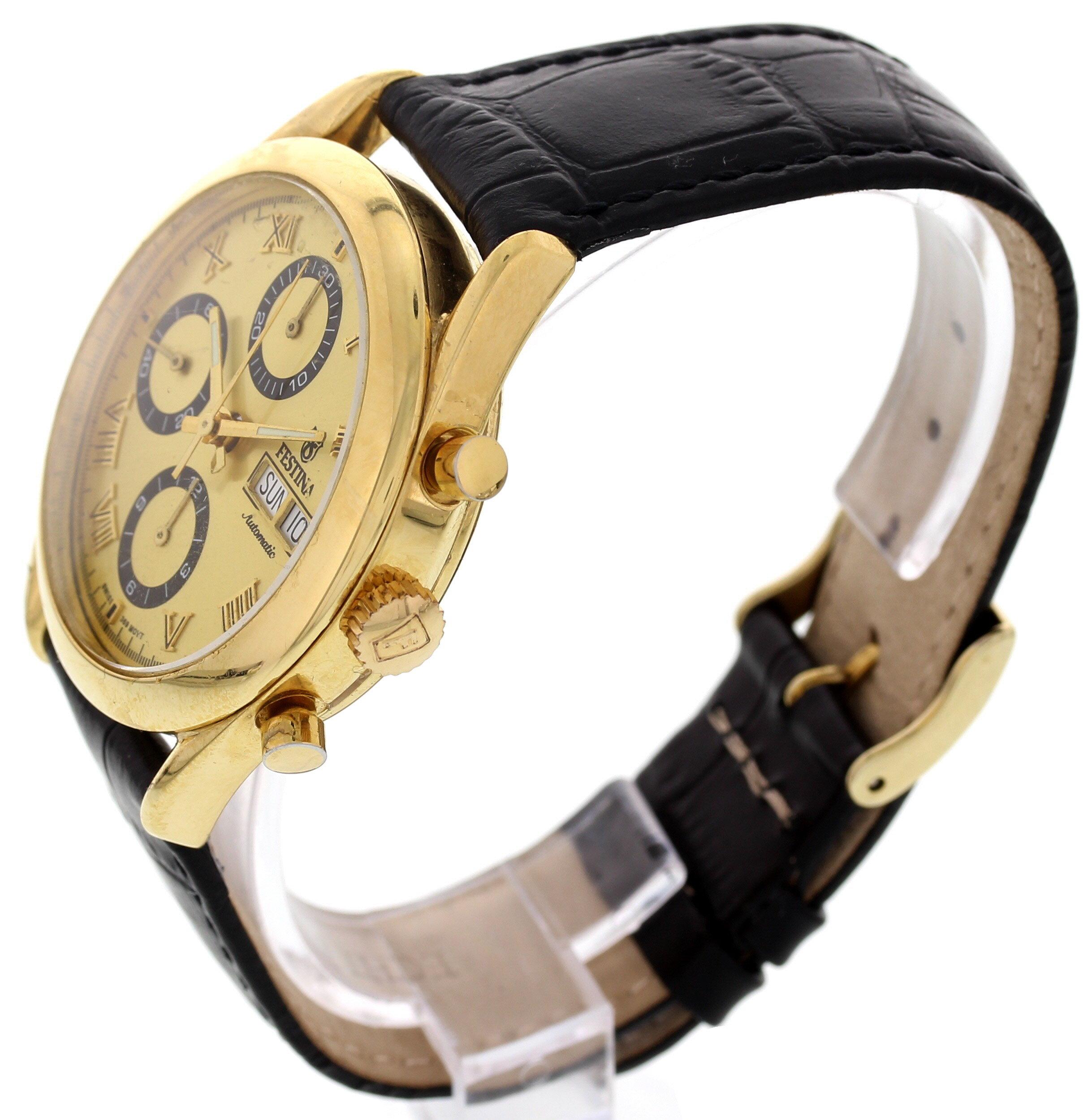 18k yellow gold Festina watch. 37 mm 18k yellow gold case. Adjustable leather strap with stainless steel buckle. Automatic movement.
