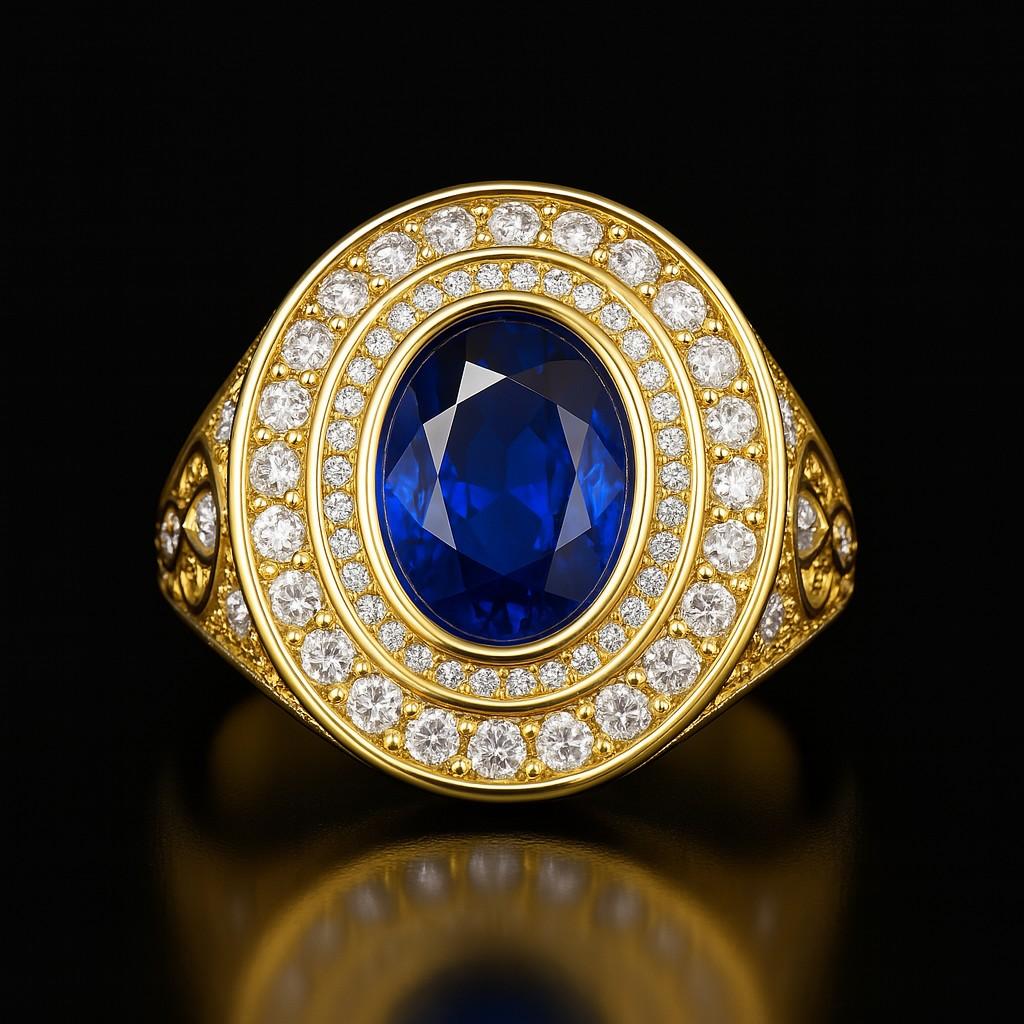 Designed exclusively by our company, this one-of-a-kind men’s signet ring embodies strength, elegance, and individuality. At its heart lies a royal blue 3.03 carat oval blue sapphire (10×8 mm), its deep blue hue magnified by a striking double halo