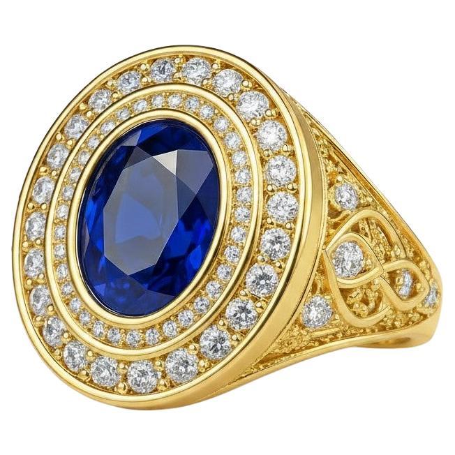 Men’s 18K Yellow Gold Natural Sapphire Signet Ring GRS Certified - One of A kind For Sale