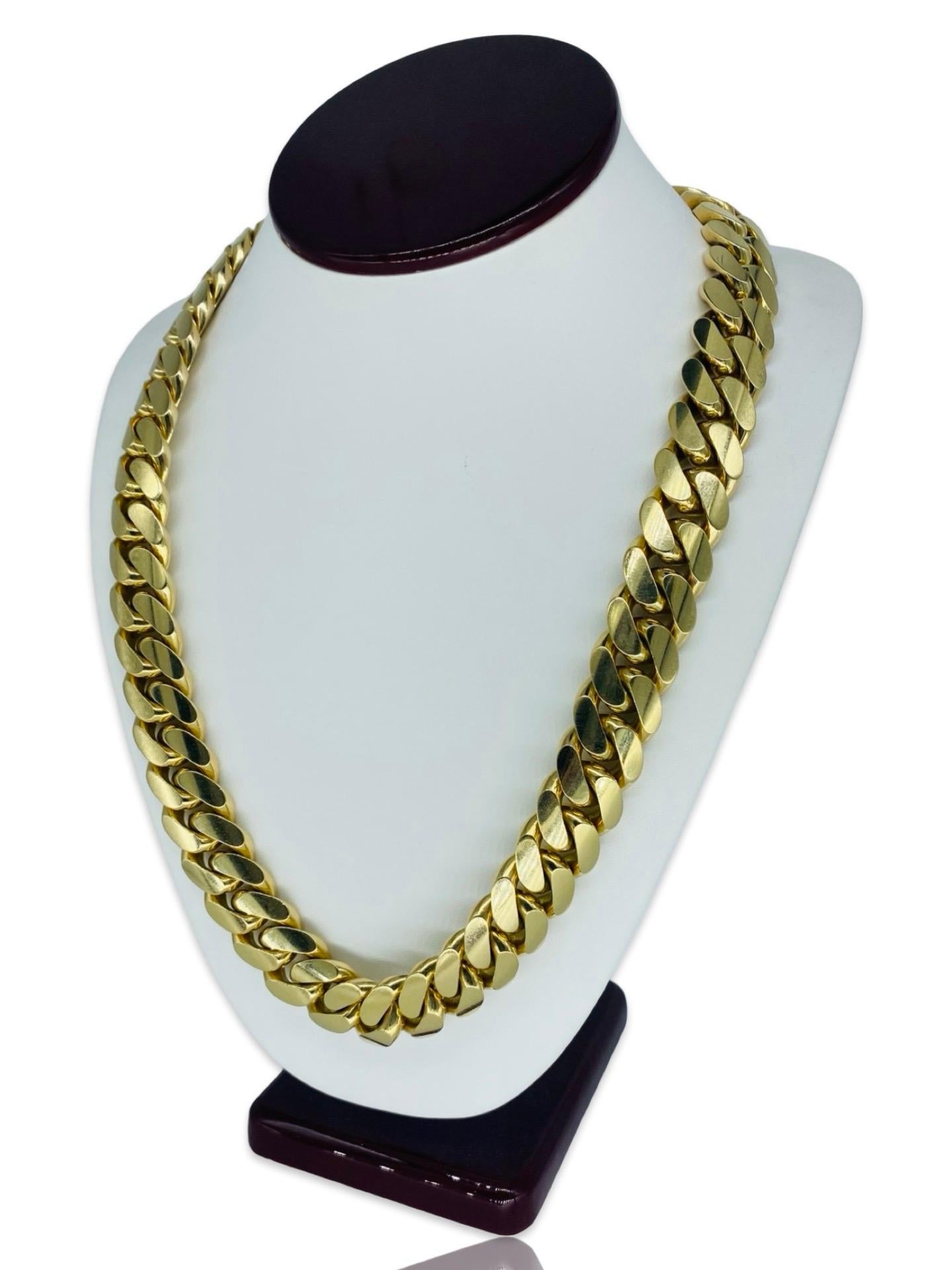 Men’s 18mm Miami Cuban Link Chain 10k Solid Gold 24 Inch. Also known as the perfect sized cuban link chain. This is a very heavy solid gold chain made in 10k solid gold. The chain weights 504g and has a secured lock to ensure safety closure at