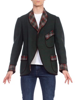 1900S Green Wool Men's Edwardian Blanket Smoking Jacket With Plaid Doubleweave