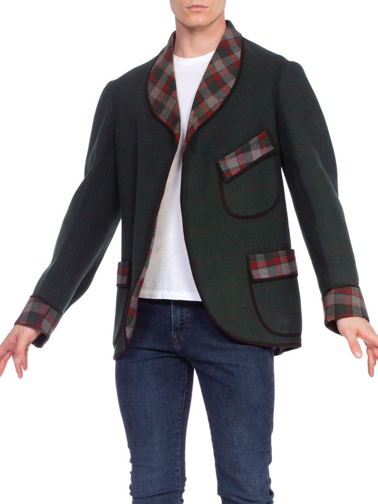 Black 1900S Green Wool Men's Edwardian Blanket Smoking Jacket With Plaid Doubleweave For Sale