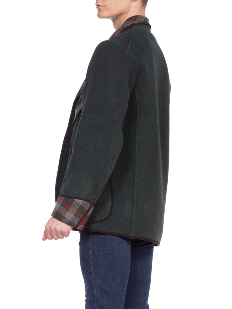 1900S Green Wool Men's Edwardian Blanket Smoking Jacket With Plaid Doubleweave For Sale 1