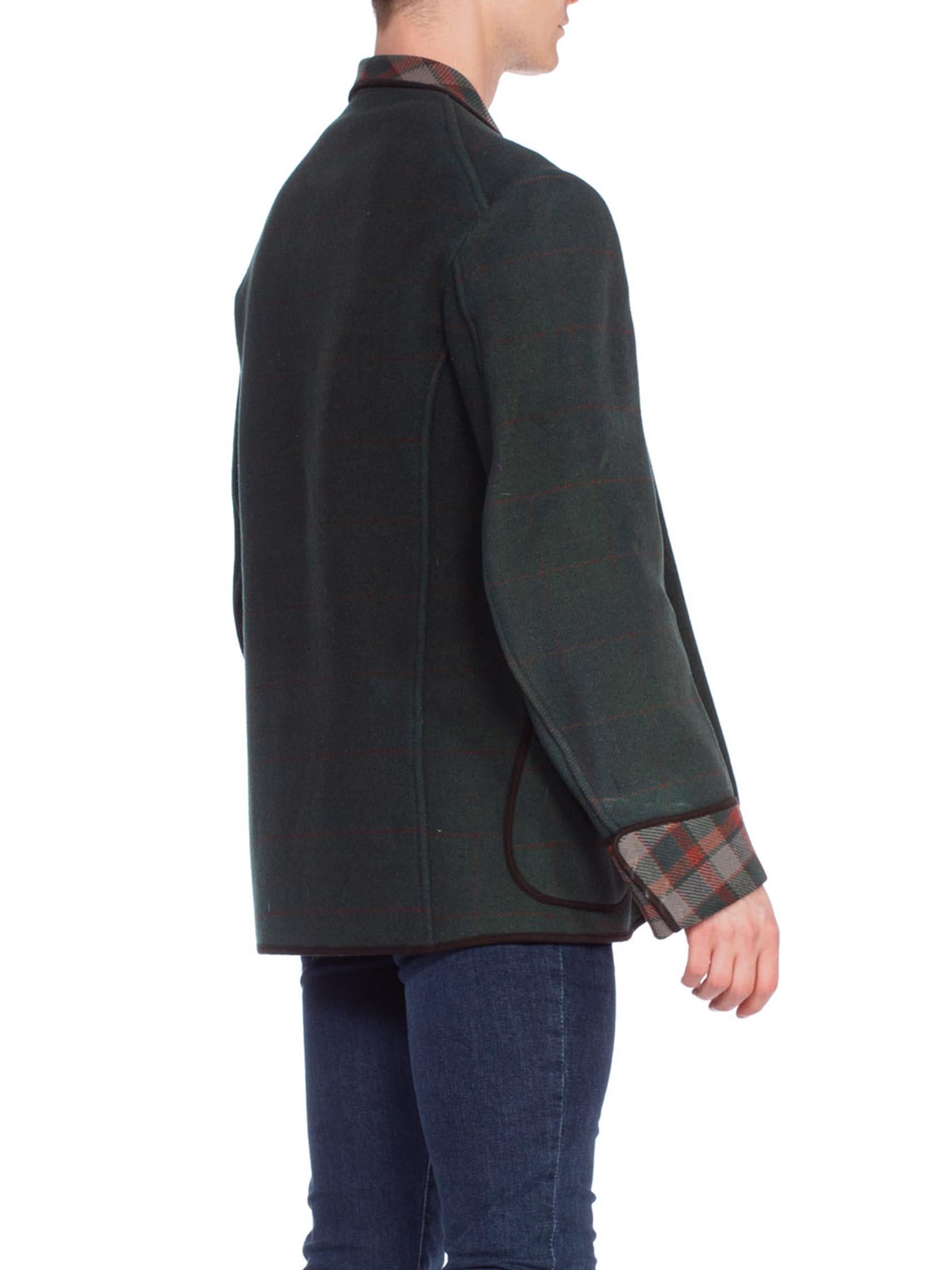 Black 1900S Green Wool Men's Edwardian Blanket Smoking Jacket With Plaid Doubleweave