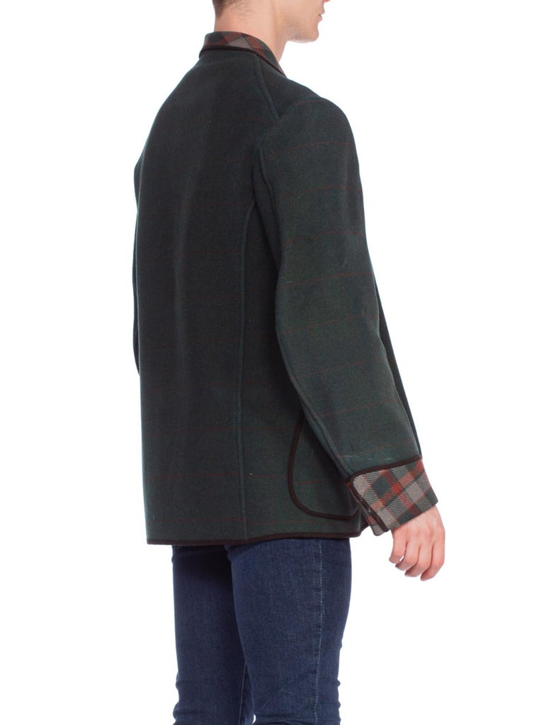 1900S Green Wool Men's Edwardian Blanket Smoking Jacket With Plaid Doubleweave For Sale 2