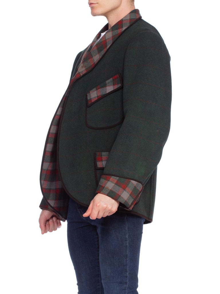 1900S Green Wool Men's Edwardian Blanket Smoking Jacket With Plaid Doubleweave For Sale 3