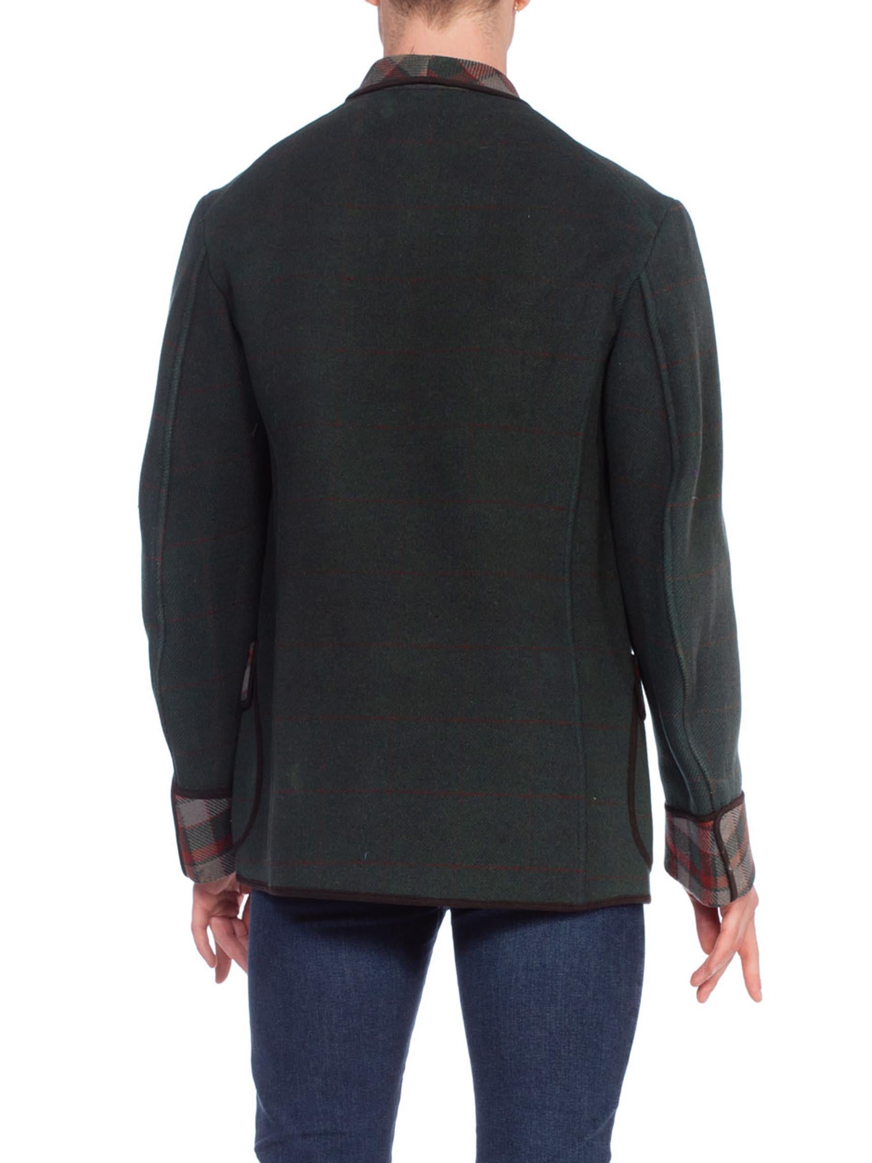 1900S Green Wool Men's Edwardian Blanket Smoking Jacket With Plaid Doubleweave 2