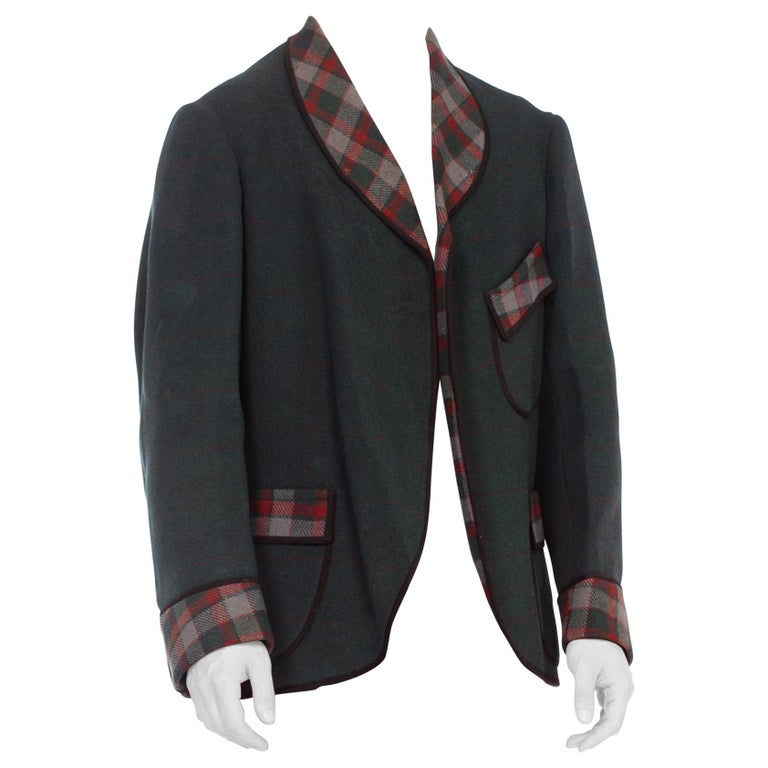 1900S Green Wool Men's Edwardian Blanket Smoking Jacket With Plaid Doubleweave For Sale