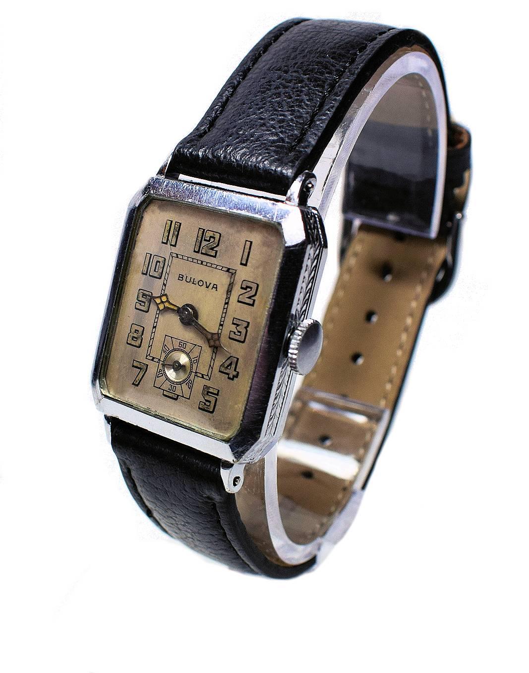 For your consideration is this stylish men’s Bulova ‘Breton’ model wristwatch dating from 1928-1930. This watch has been fully and professionally serviced.
The excellent Bulova signed case is finished in 14-karat gold fill as confirmed on the