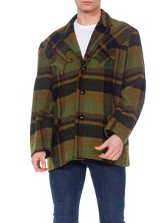 1960S Green Plaid Wool Men's Western Coat  XL