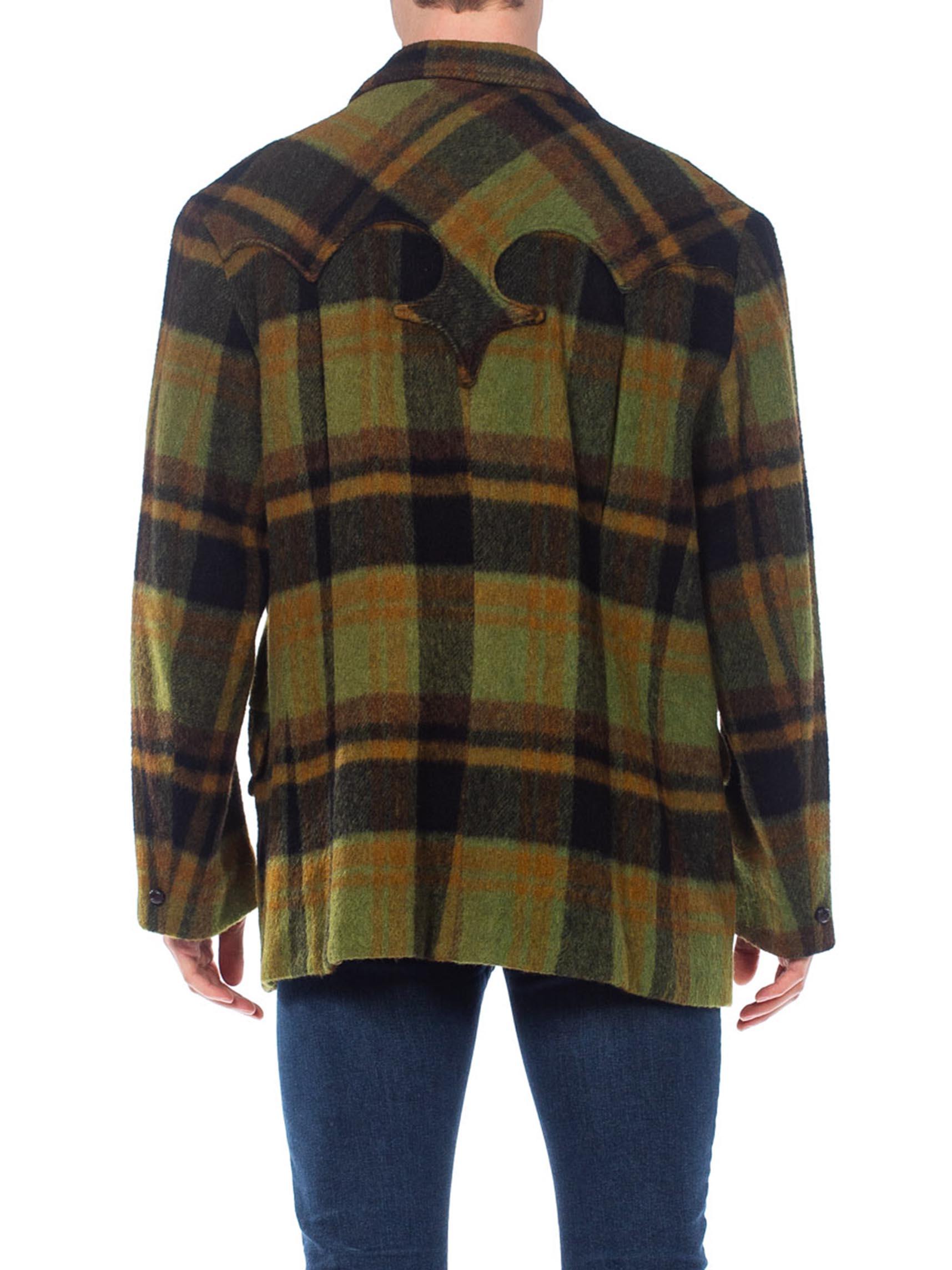 1960S Green Plaid Wool Men's Western Coat  XL In Excellent Condition In New York, NY